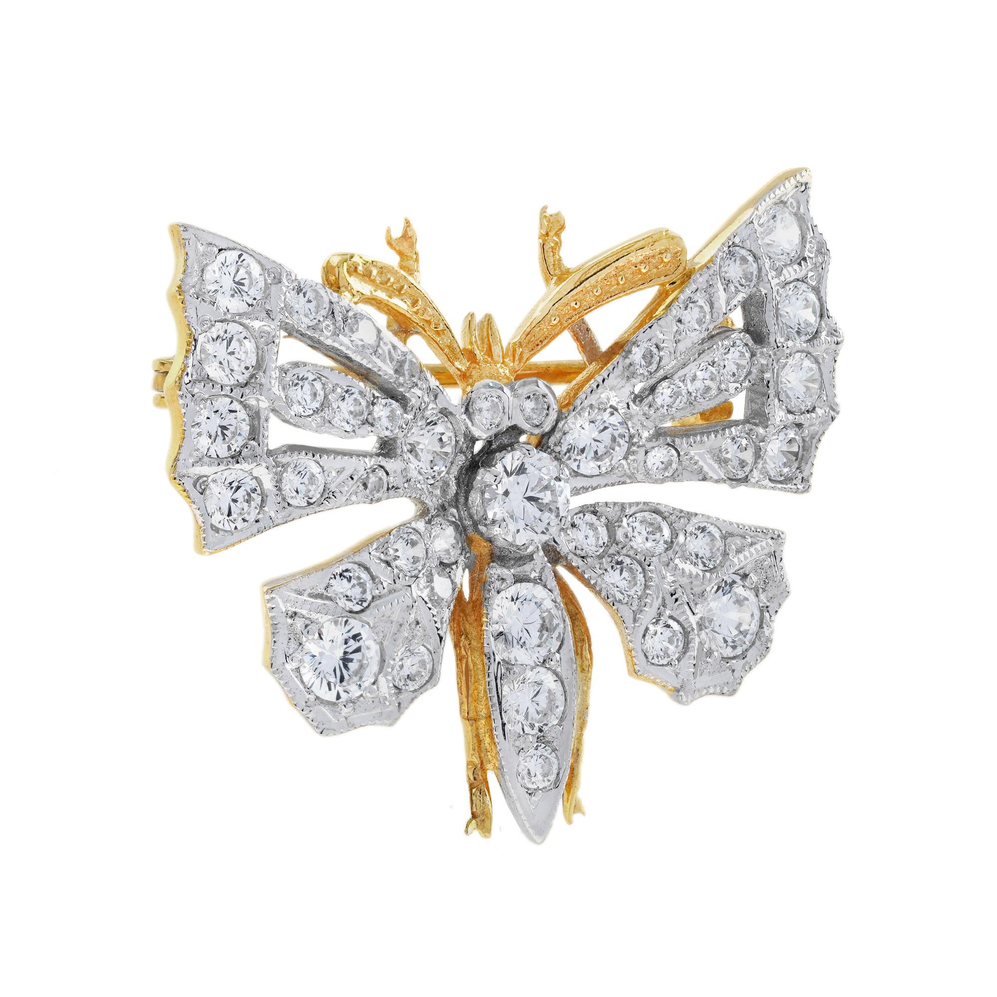 Edwardian Diamond Vintage Style Butterfly Brooch in 18K Two Tone Gold For Sale