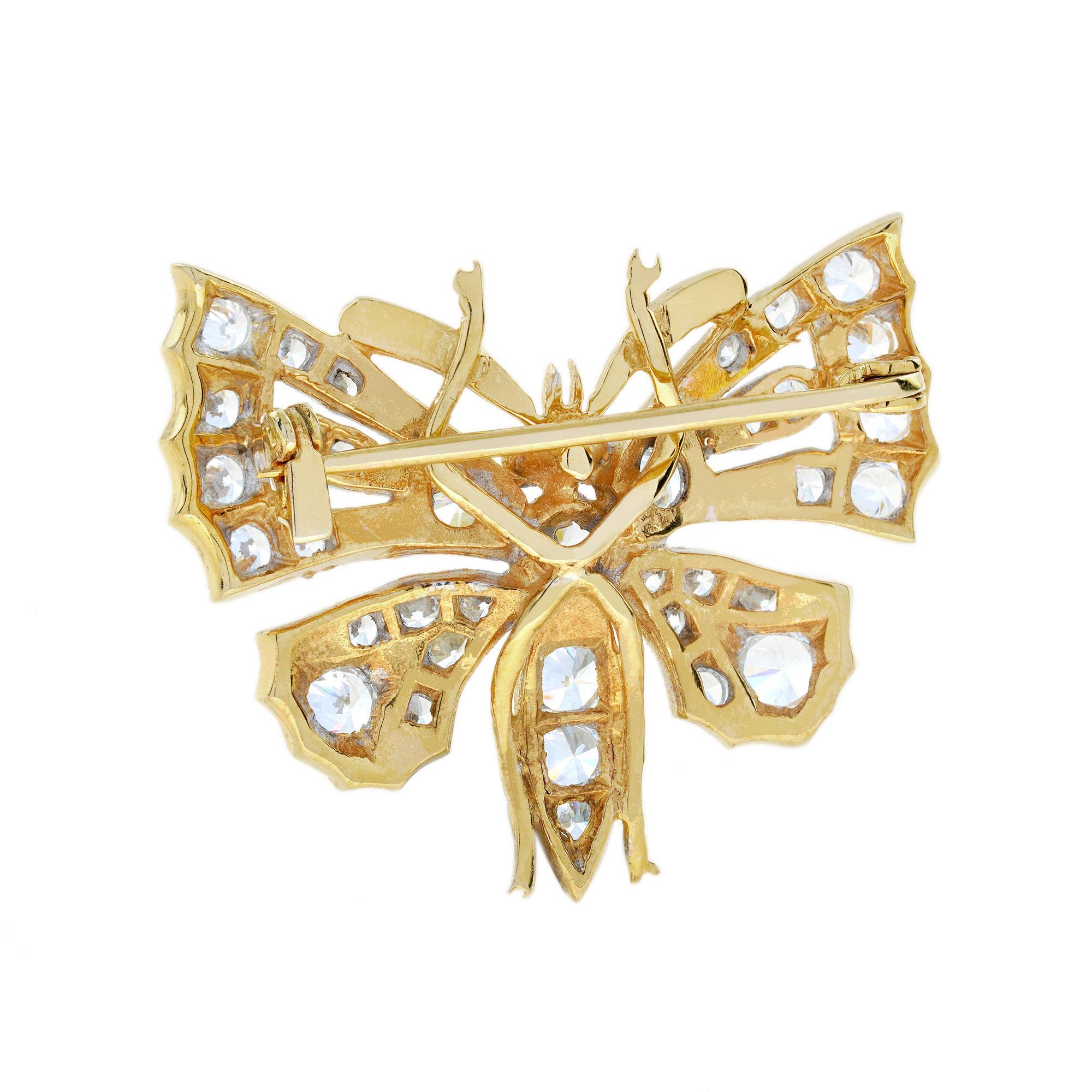 Round Cut Diamond Vintage Style Butterfly Brooch in 18K Two Tone Gold For Sale