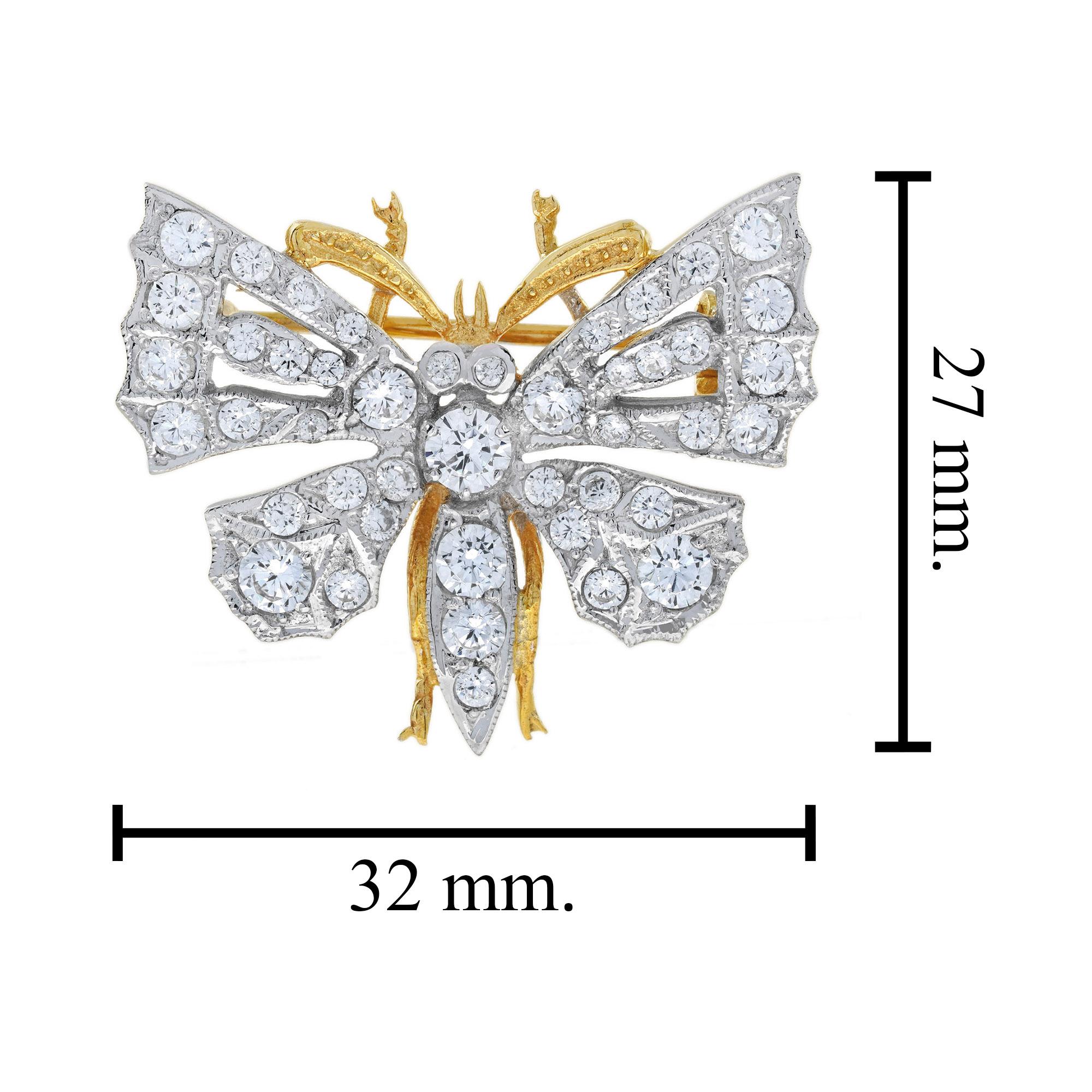 Women's Diamond Vintage Style Butterfly Brooch in 18K Two Tone Gold For Sale