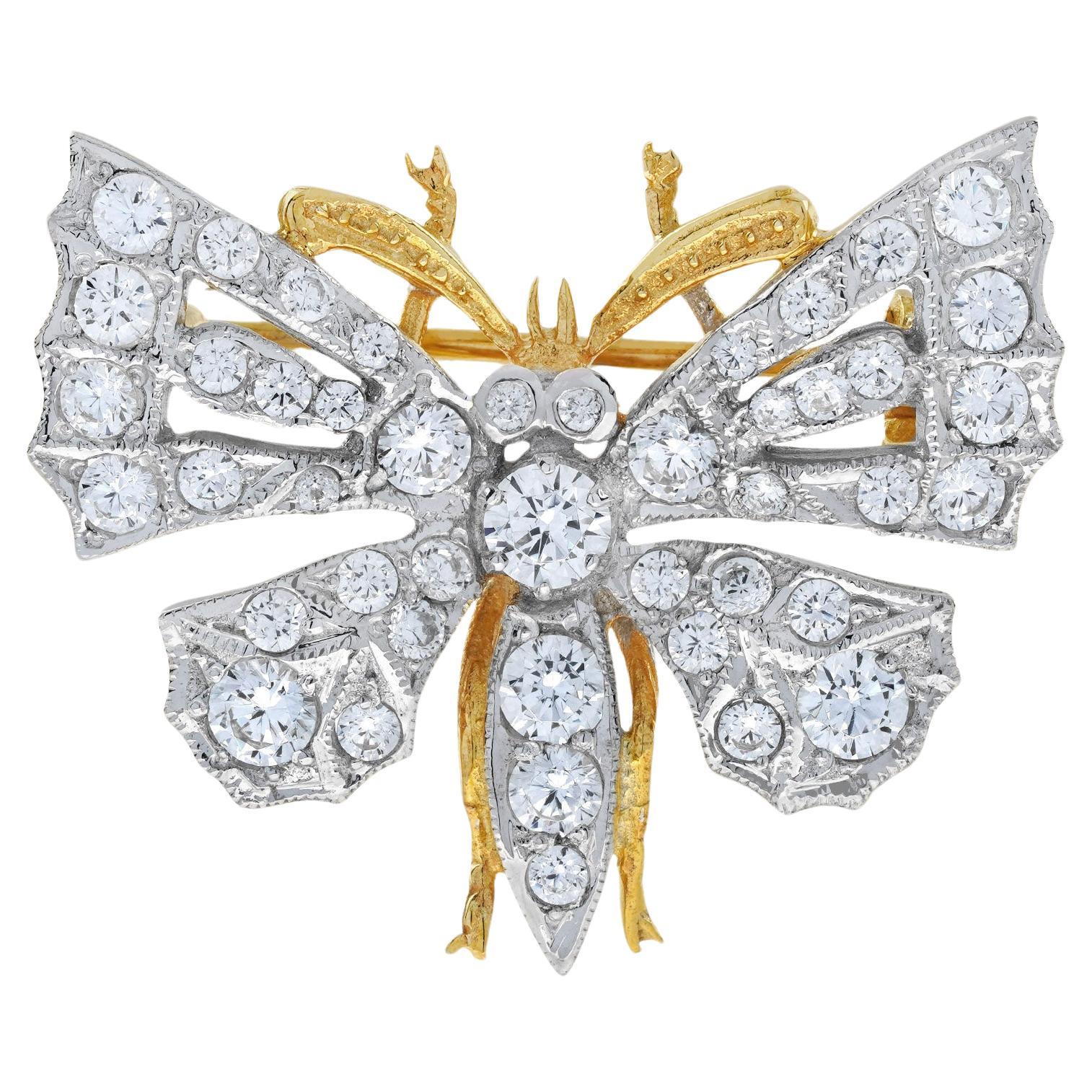 Diamond Vintage Style Butterfly Brooch in 18K Two Tone Gold For Sale