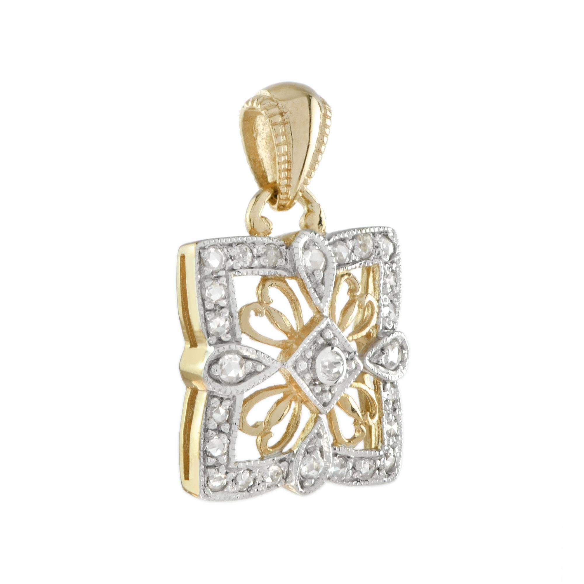This filigree design antique diamond pendant is adorned with 0.21 carats of brilliant round diamonds. This gold is a unique floral design with milgrain and delicate filigree design.  14K Gold. 
Information
Style: Art-deco
Width: 13 mm.
Length: 21
