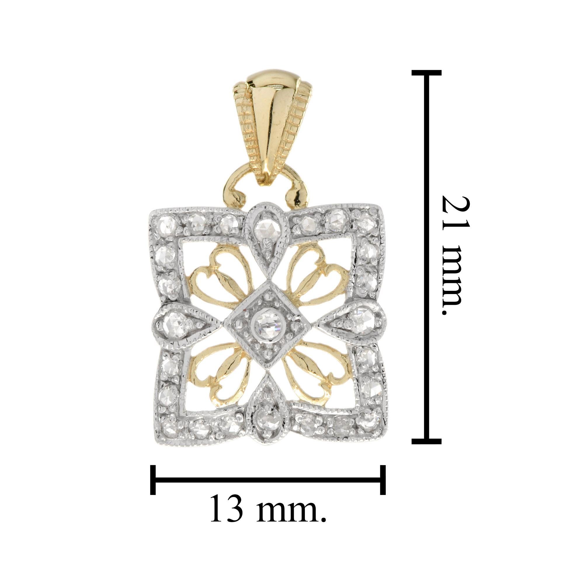 Round Cut Diamond Vintage Style Filigree Square Floral 14K Two Tone Gold Pendant For Sale