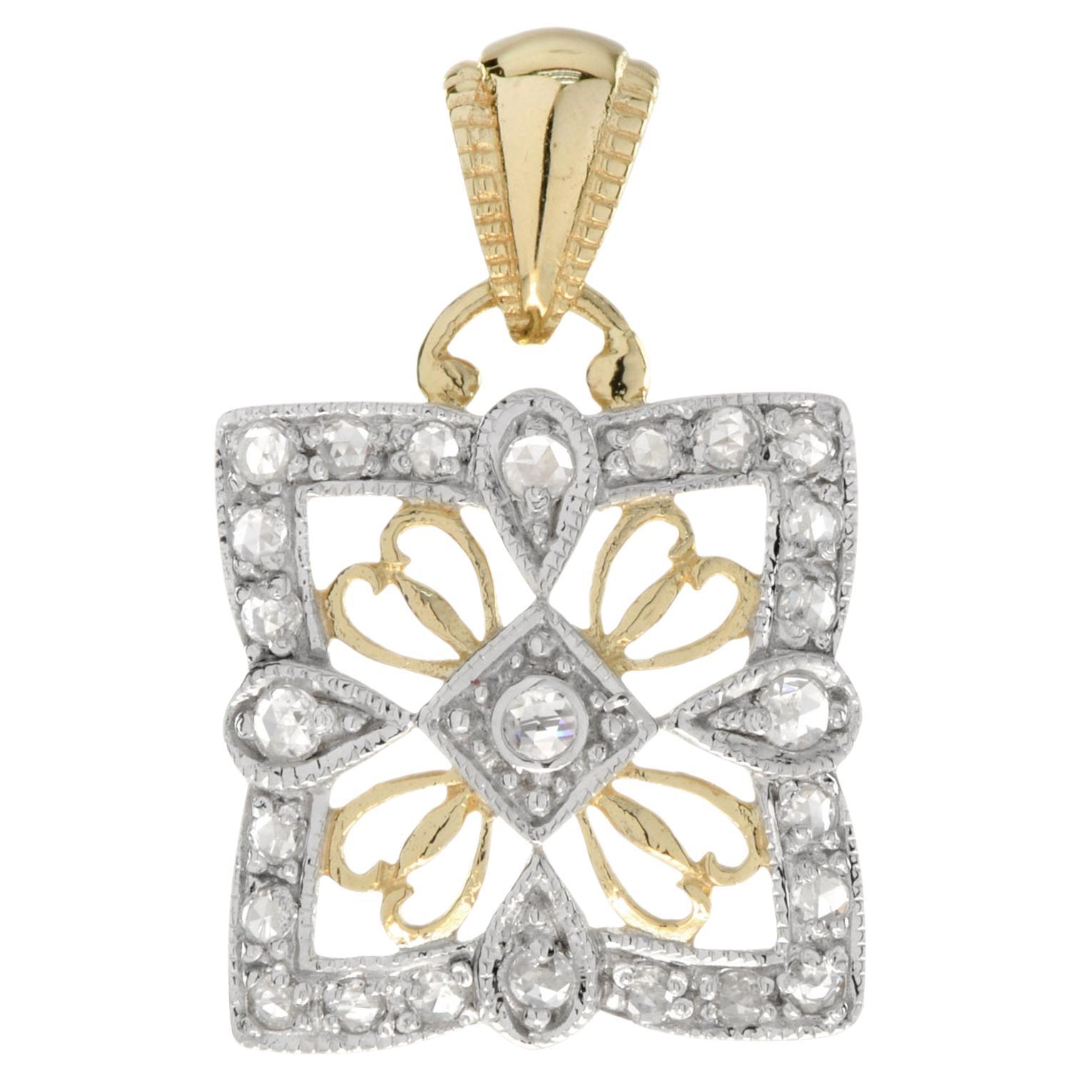 Diamond Vintage Style Filigree Square Floral 14K Two Tone Gold Pendant For Sale