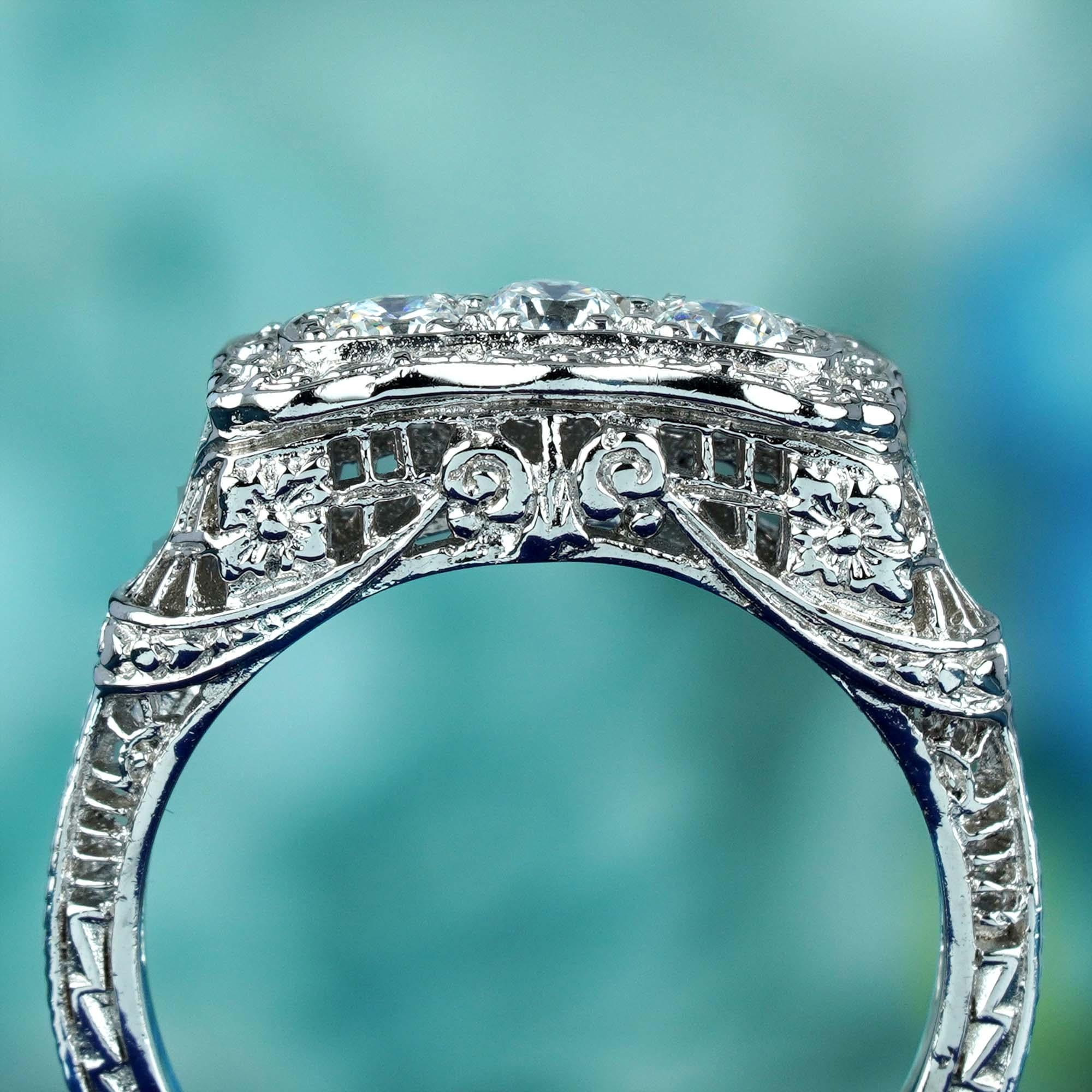 For Sale:  Diamond Vintage Style Filigree Three Stone Ring in Solid 14K White Gold 5
