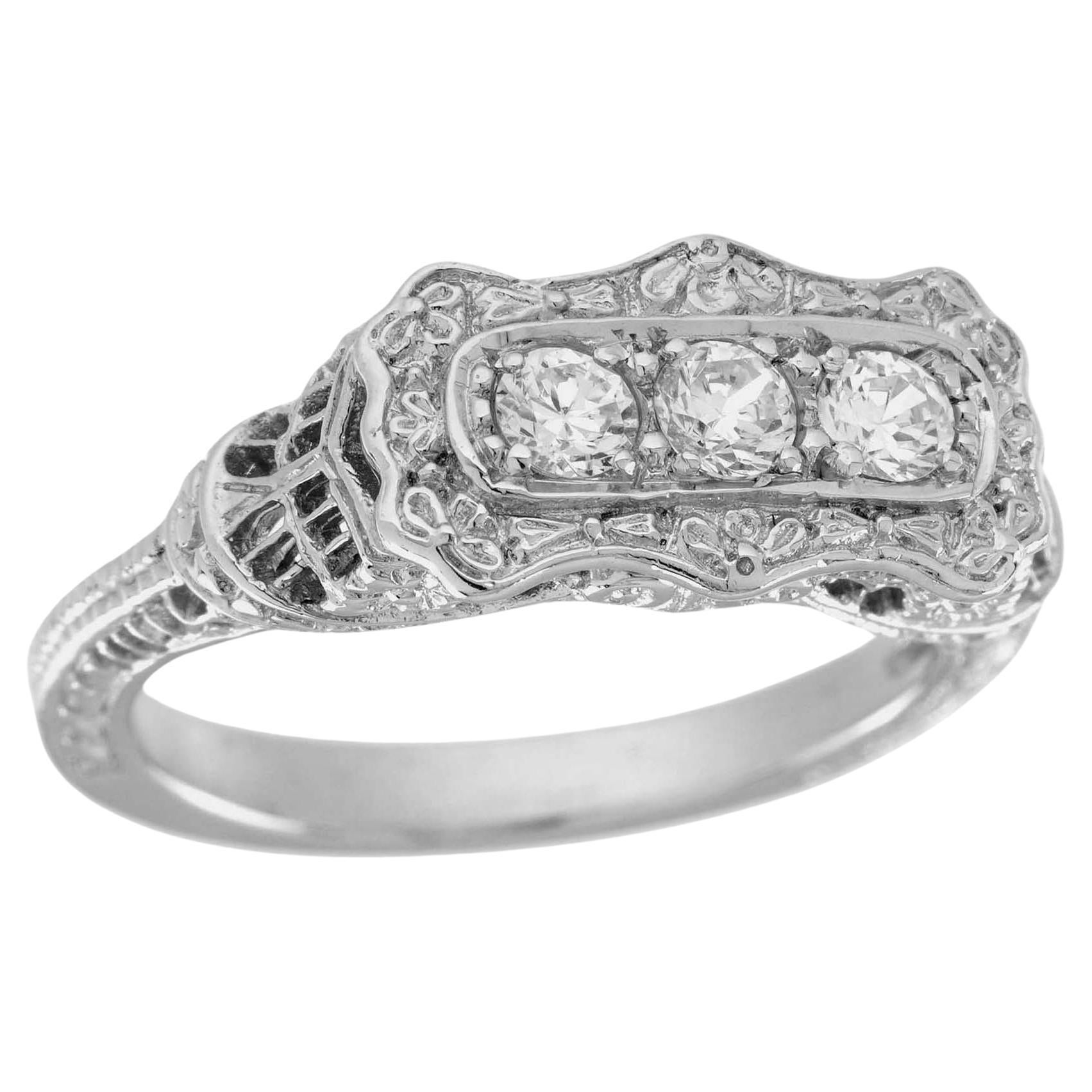 For Sale:  Diamond Vintage Style Filigree Three Stone Ring in Solid 14K White Gold