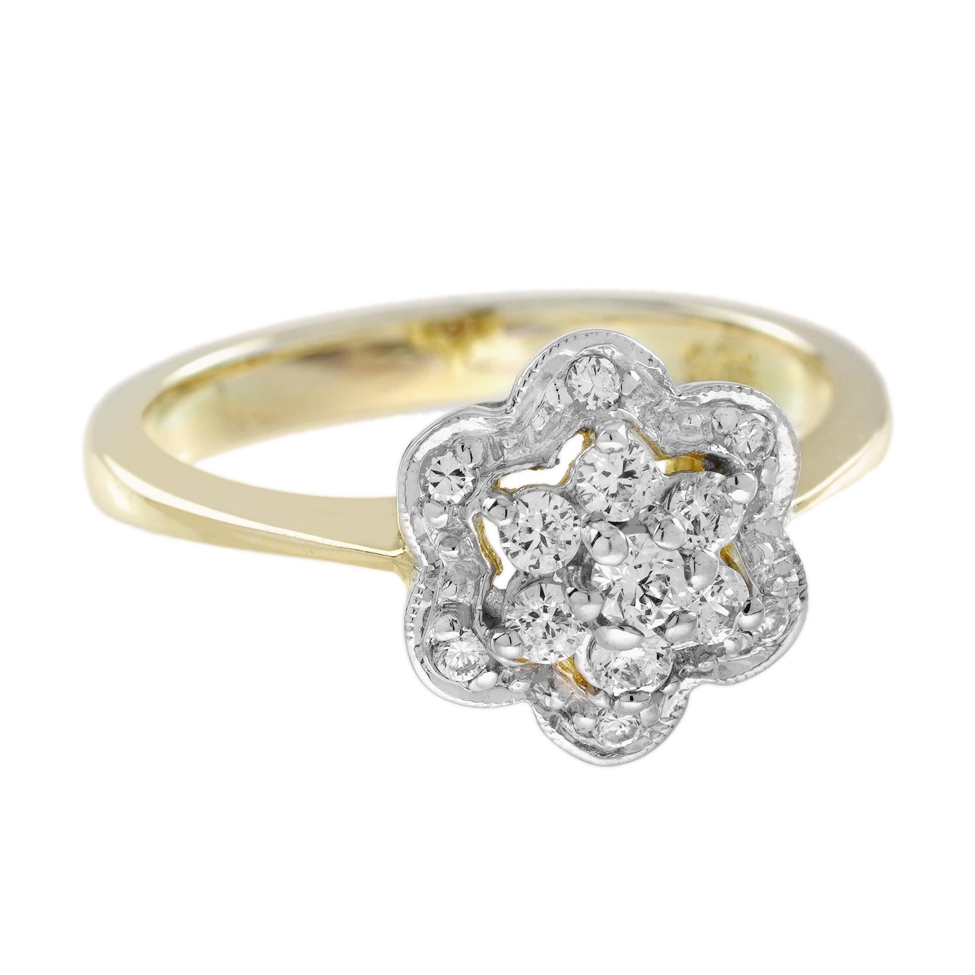 Edwardian Diamond Vintage Style Floral Cluster Engagement  Ring in 14K Two Tone Gold For Sale