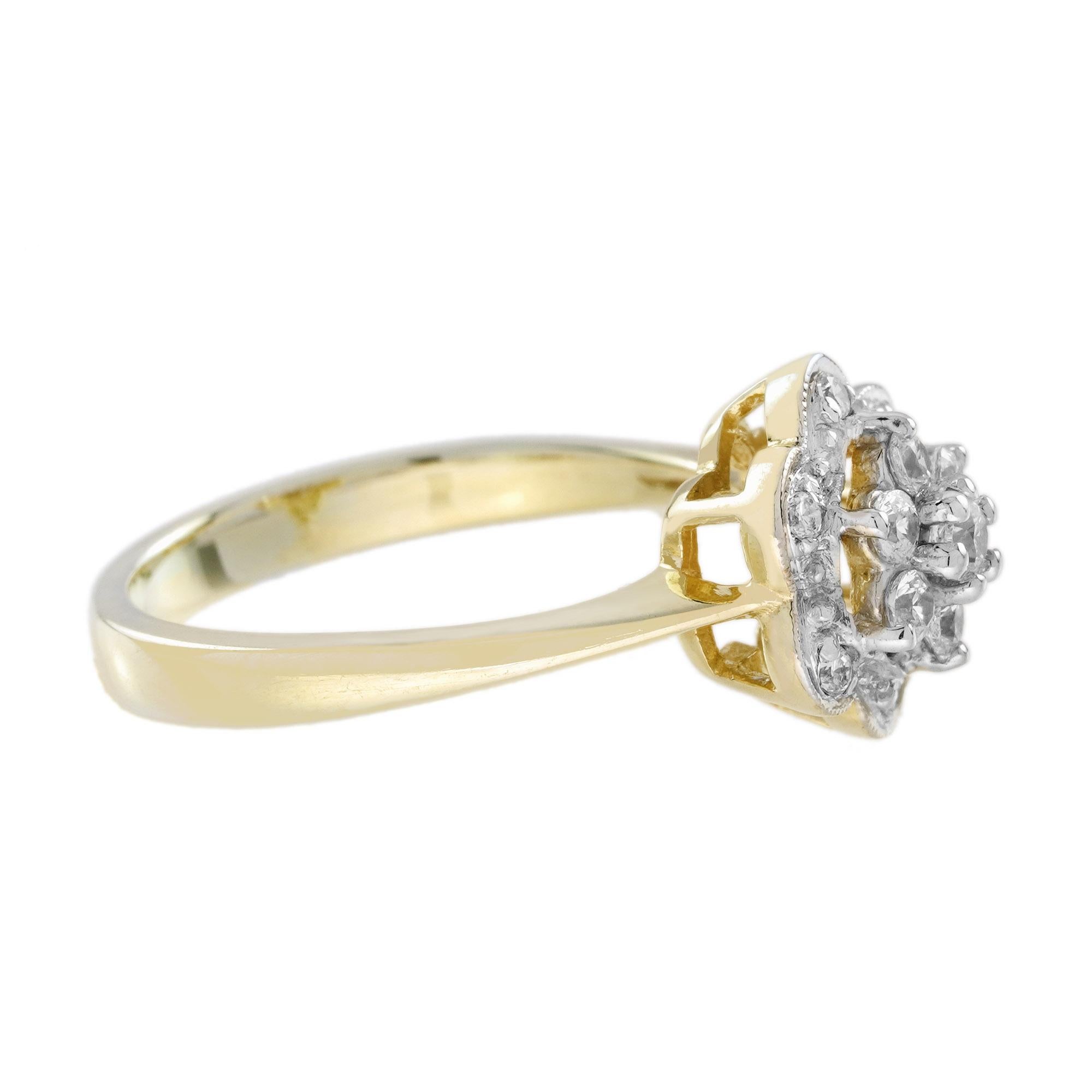 Round Cut Diamond Vintage Style Floral Cluster Engagement  Ring in 14K Two Tone Gold For Sale