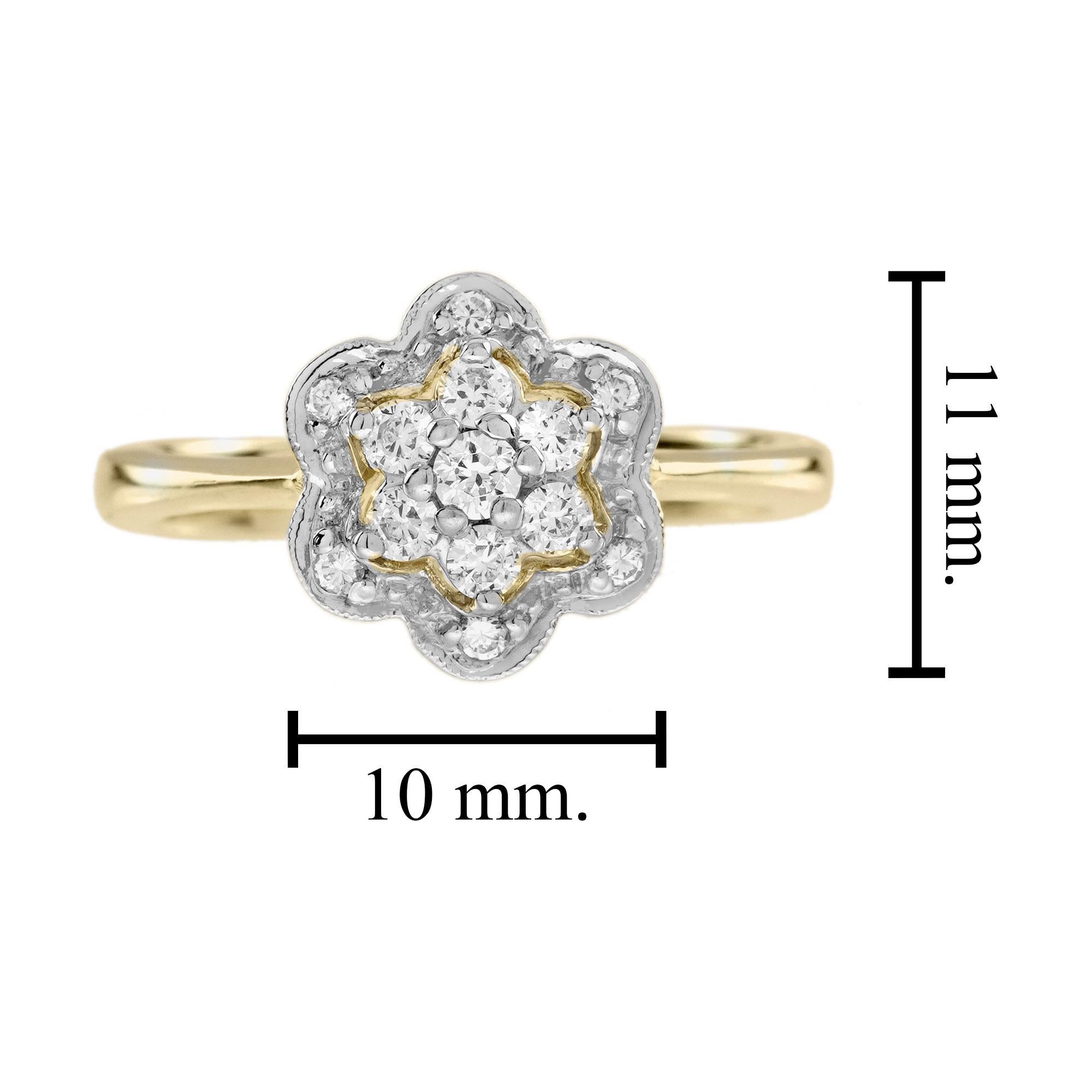 Diamond Vintage Style Floral Cluster Engagement  Ring in 14K Two Tone Gold For Sale 1