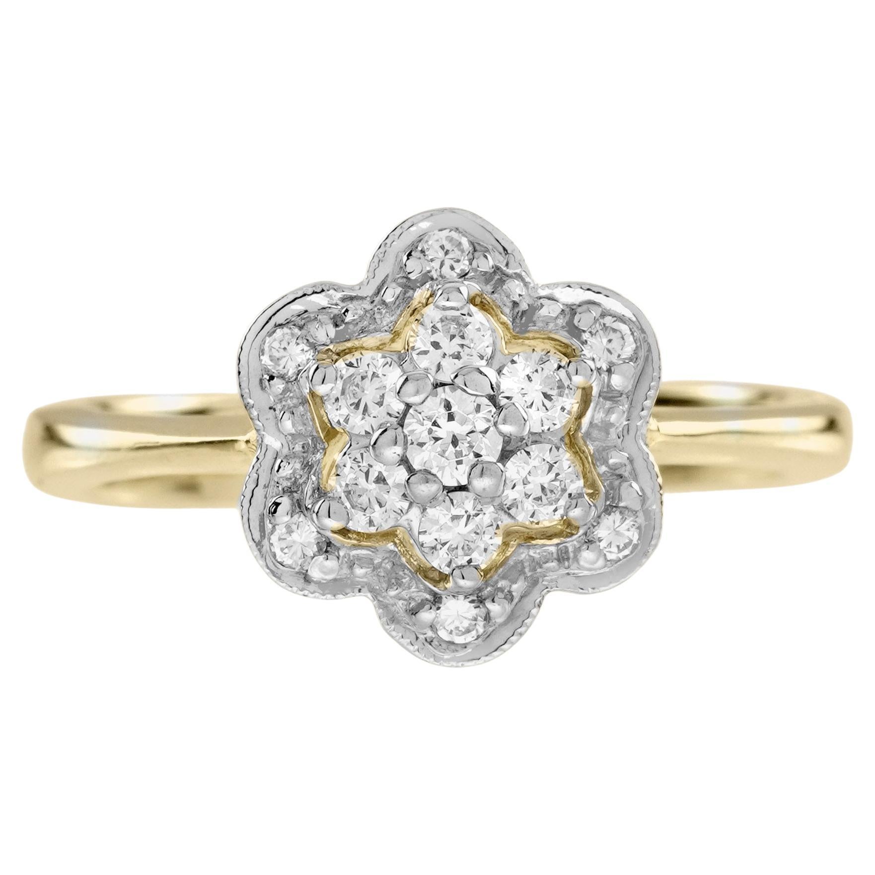 Diamond Vintage Style Floral Cluster Engagement  Ring in 14K Two Tone Gold