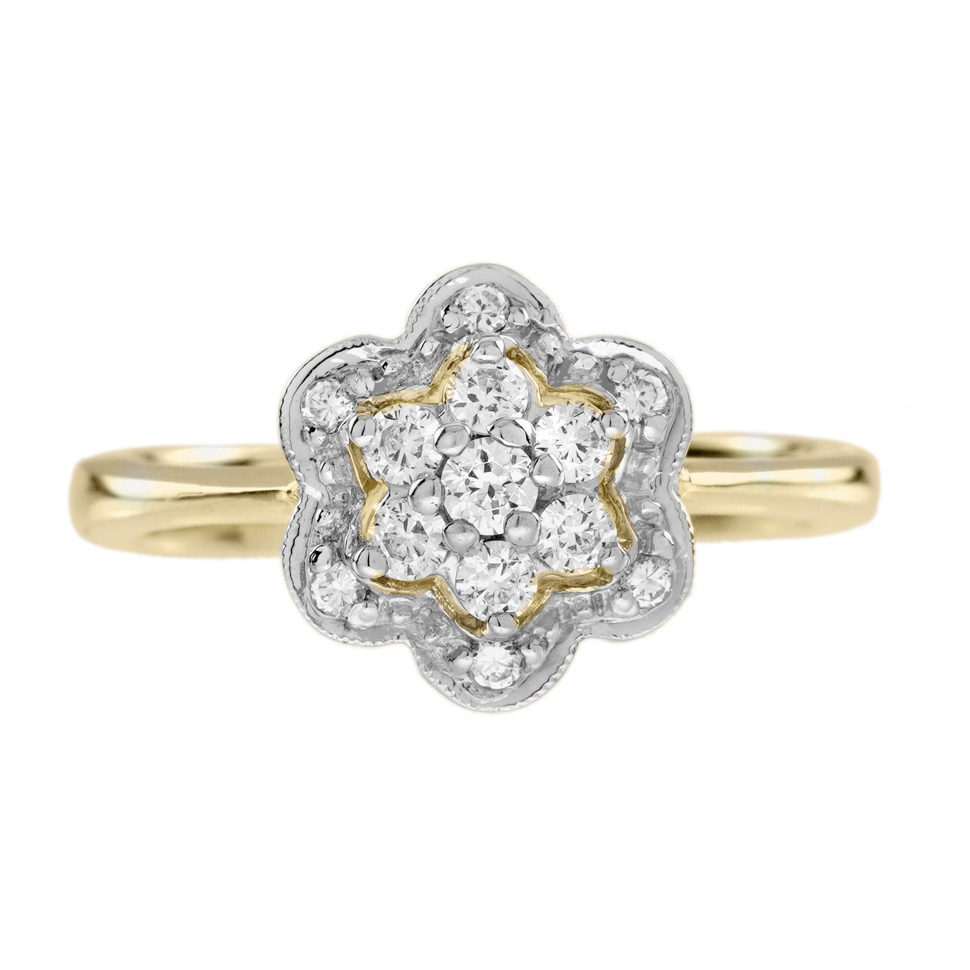 Edwardian Diamond Vintage Style Floral Cluster Engagement Ring in Two Tone Gold For Sale