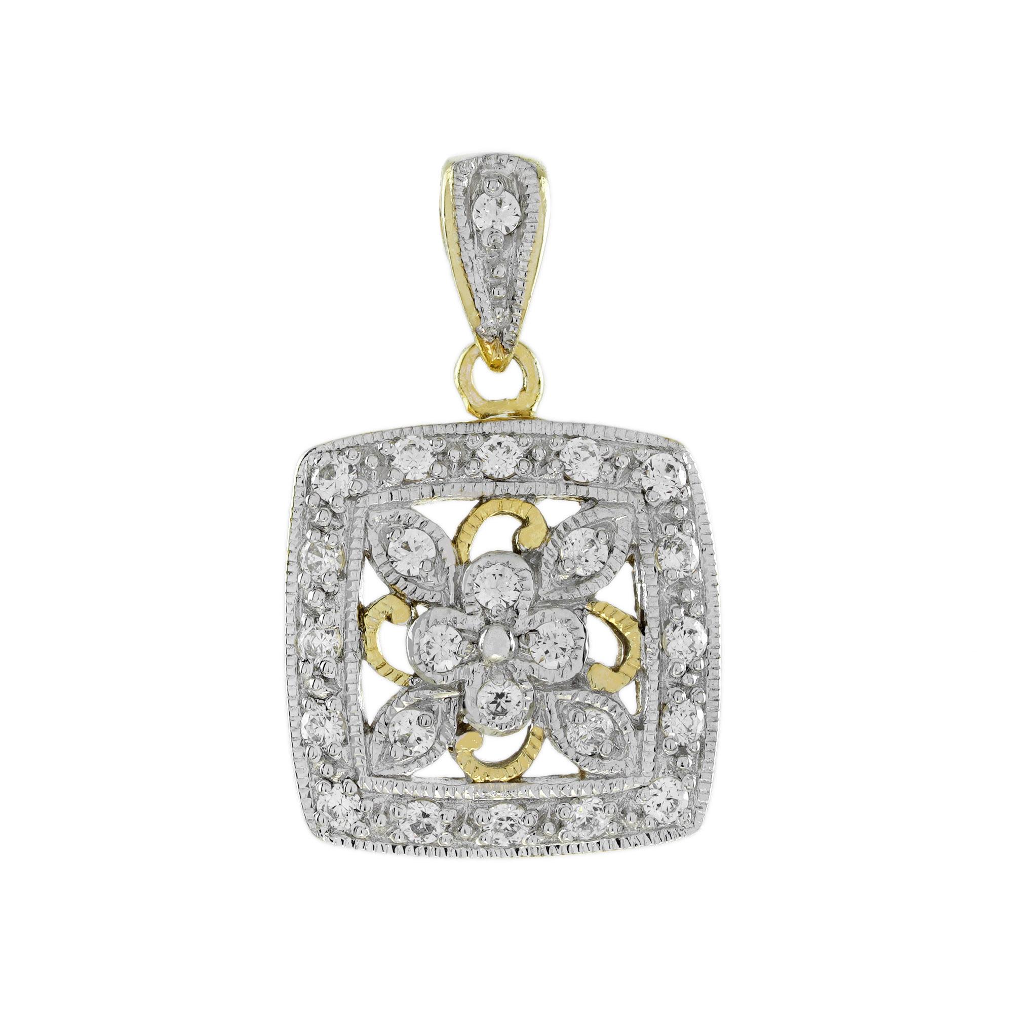 Diamond Vintage Style Floral Cluster Jewelry Set in 14K Two Tone Gold For Sale 2