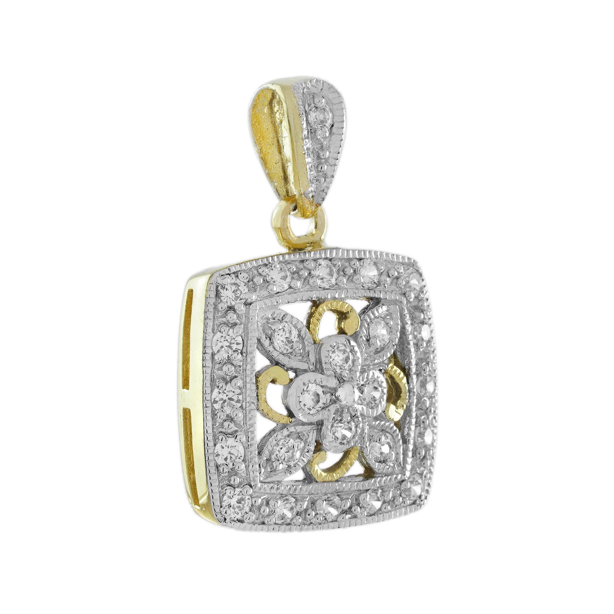 Diamond Vintage Style Floral Cluster Jewelry Set in 14K Two Tone Gold For Sale 3