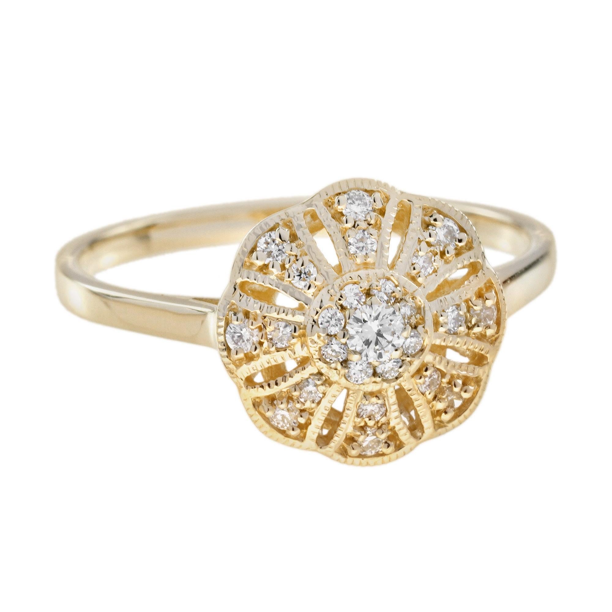 Art Deco Diamond Vintage Style Floral Cluster Ring in 14K Yellow Gold For Sale