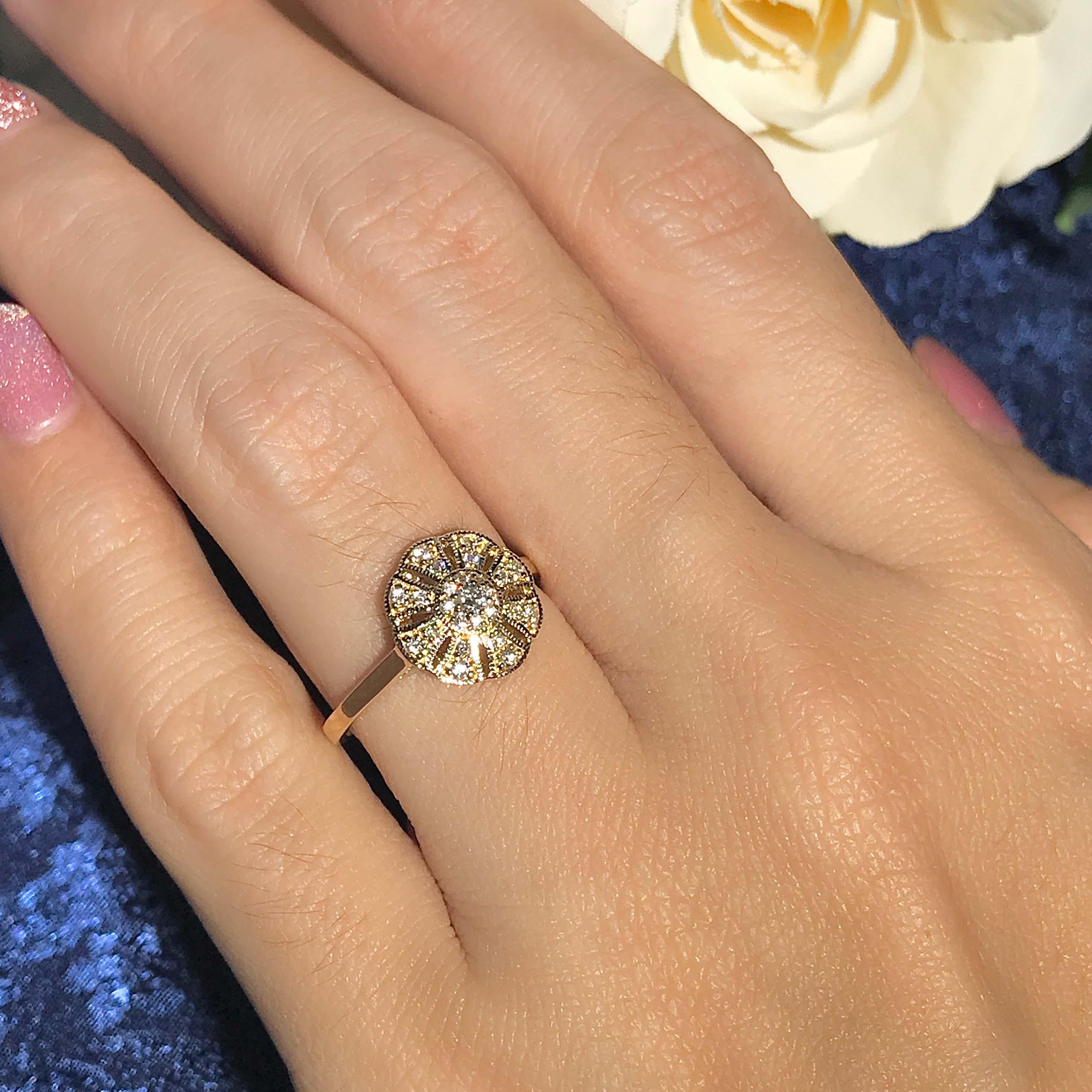 Art Deco Diamond Vintage Style Floral Cluster Ring in 14K Yellow Gold For Sale