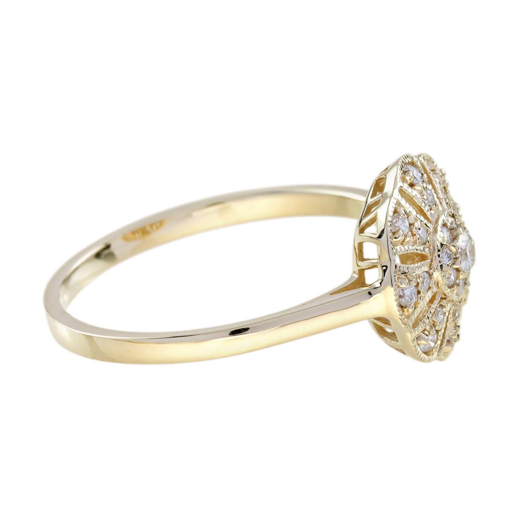Round Cut Diamond Vintage Style Floral Cluster Ring in 14K Yellow Gold For Sale