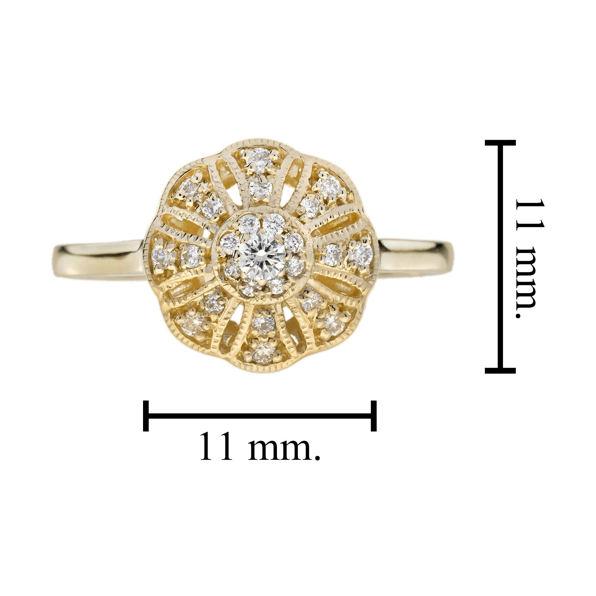 Diamond Vintage Style Floral Cluster Ring in 14K Yellow Gold For Sale 1