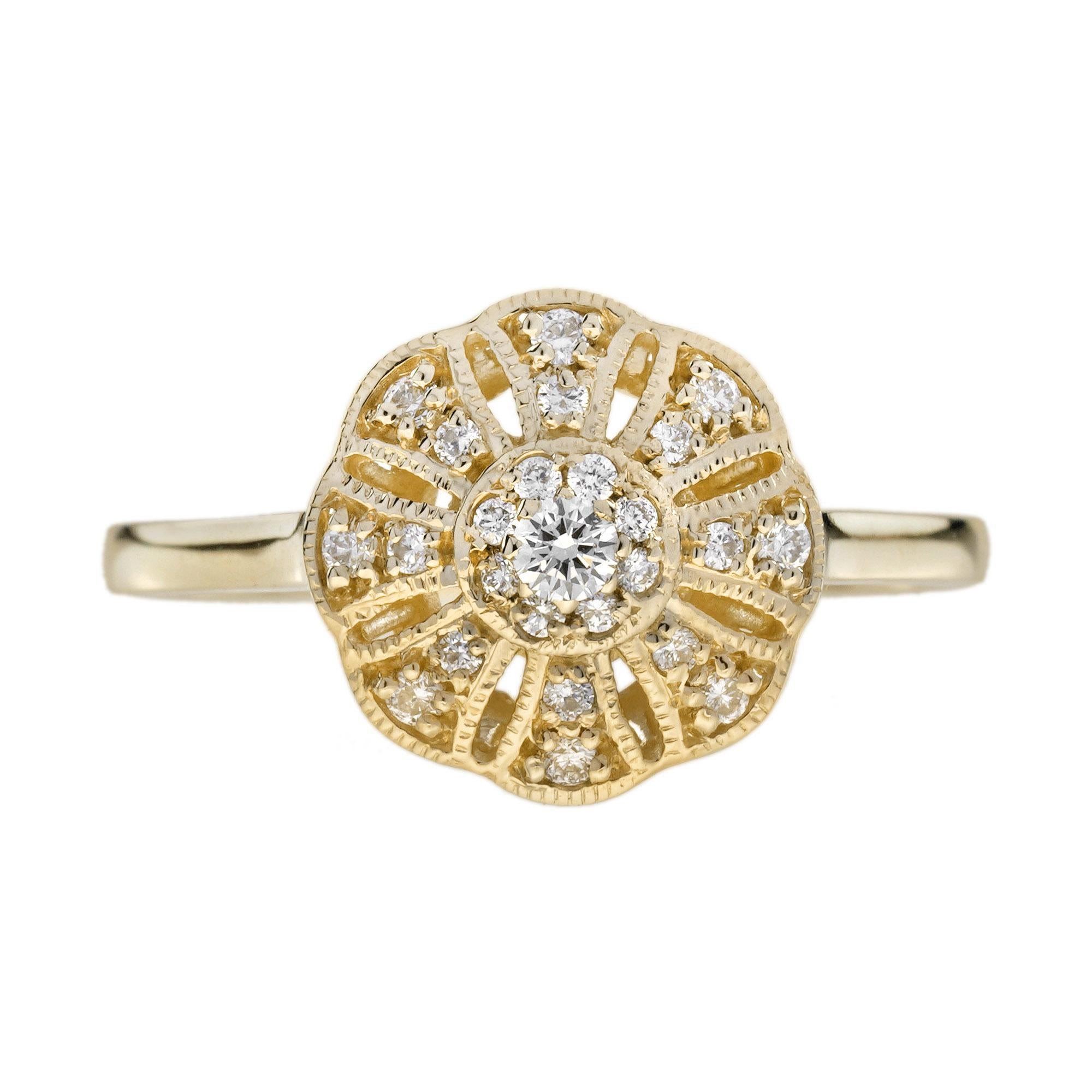 Diamond Vintage Style Floral Cluster Ring in 14K Yellow Gold For Sale