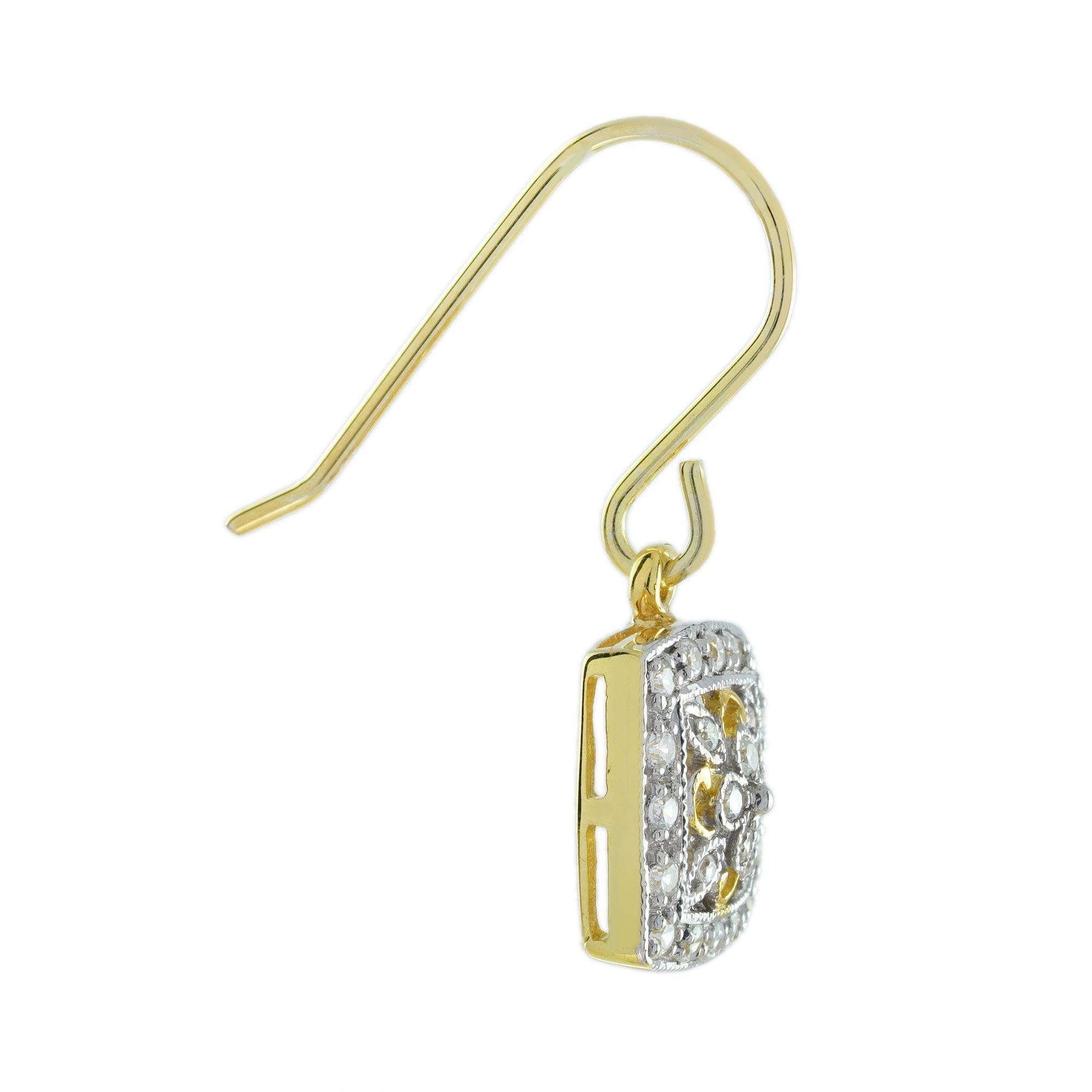 Art Deco Diamond Vintage Style Floral Cluster Square Drop Earrings in 14K Two Tone Gold For Sale