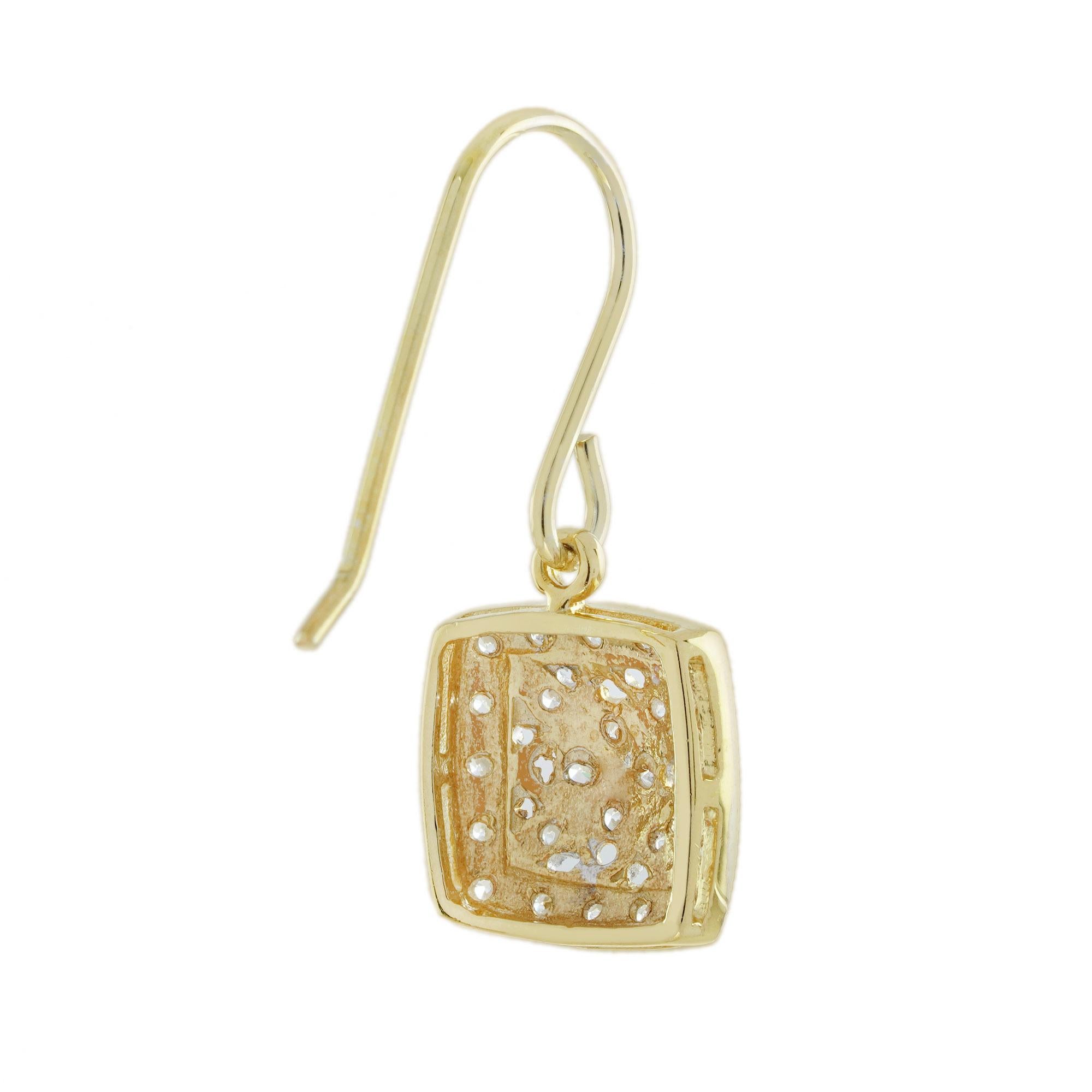 Round Cut Diamond Vintage Style Floral Cluster Square Drop Earrings in 14K Two Tone Gold For Sale