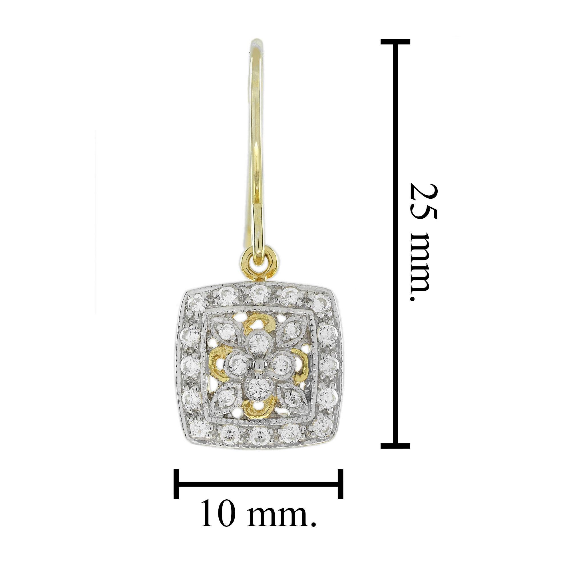 Diamond Vintage Style Floral Cluster Square Drop Earrings in 14K Two Tone Gold In New Condition For Sale In Bangkok, TH