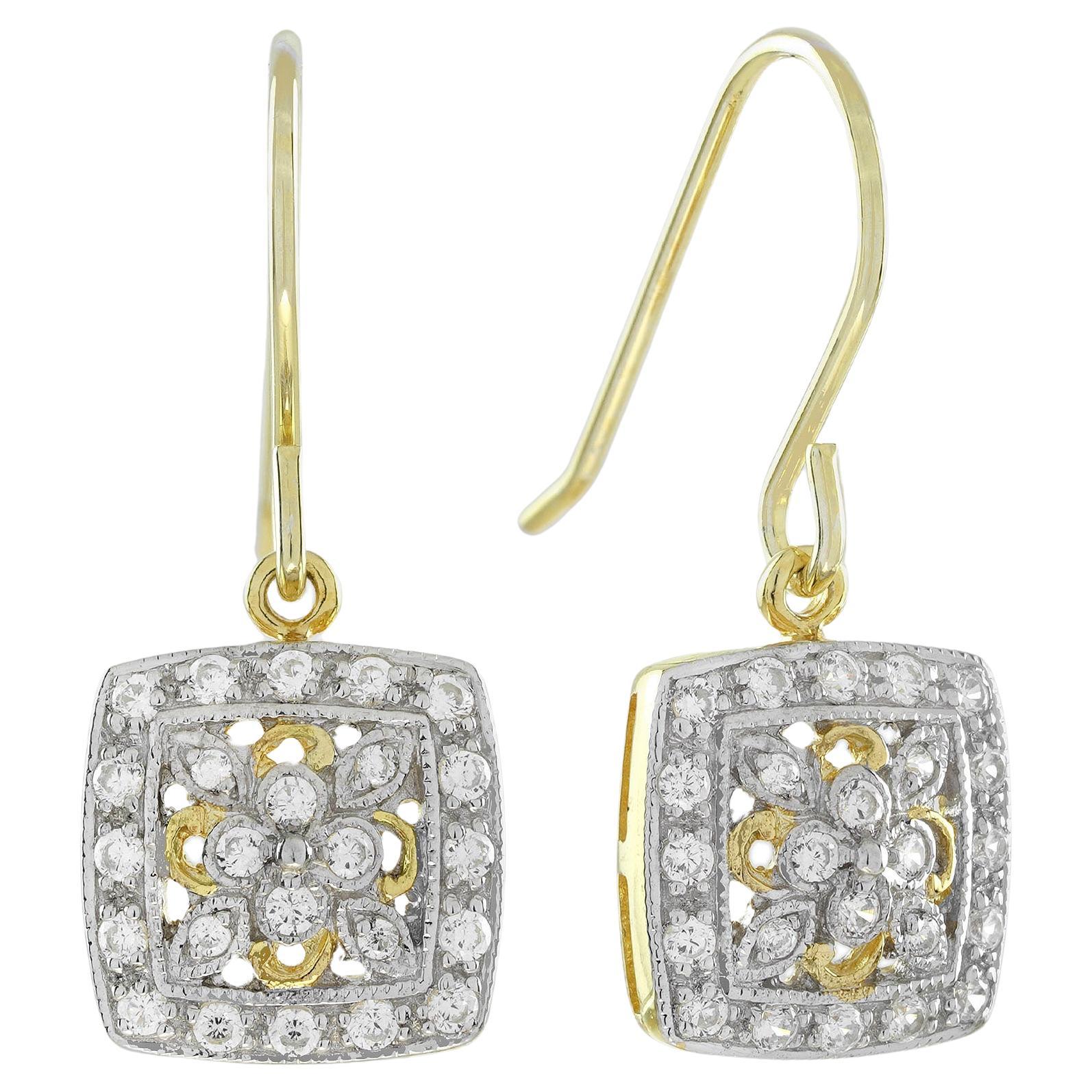 Diamond Vintage Style Floral Cluster Square Drop Earrings in 14K Two Tone Gold For Sale