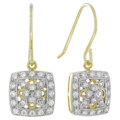 Diamond Vintage Style Floral Cluster Square Drop Earrings in 14K Two Tone Gold