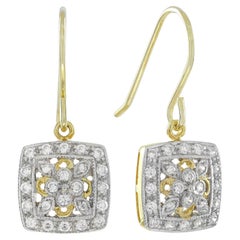 Diamant Vintage Style Floral Cluster Square Drop Ohrringe in 14K zwei Tone Gold