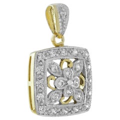 Diamond Vintage Style Floral Cluster Square Pendant in Two Tone Gold