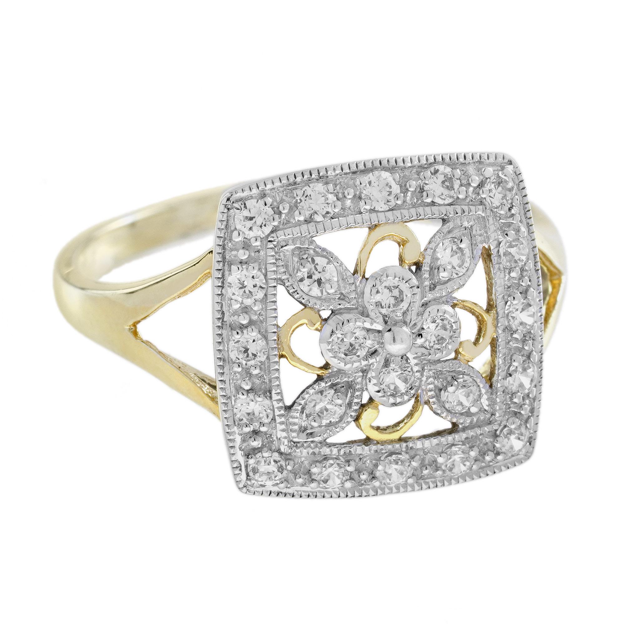 Diamant-Cluster-Ring im Vintage-Stil, quadratisch, 14K, zweifarbiges Gold (Edwardian) im Angebot