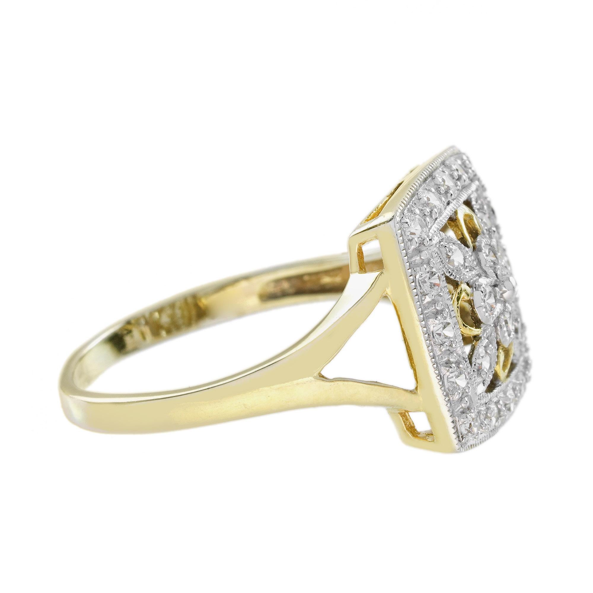 Diamant-Cluster-Ring im Vintage-Stil, quadratisch, 14K, zweifarbiges Gold (Rundschliff) im Angebot