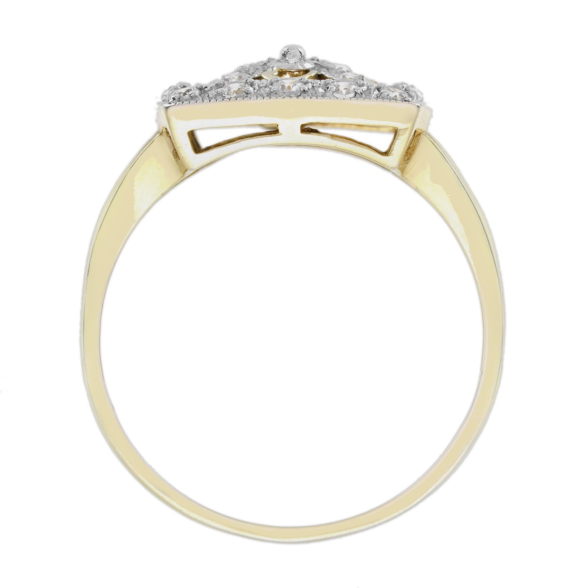 Diamant-Cluster-Ring im Vintage-Stil, quadratisch, 14K, zweifarbiges Gold Damen im Angebot