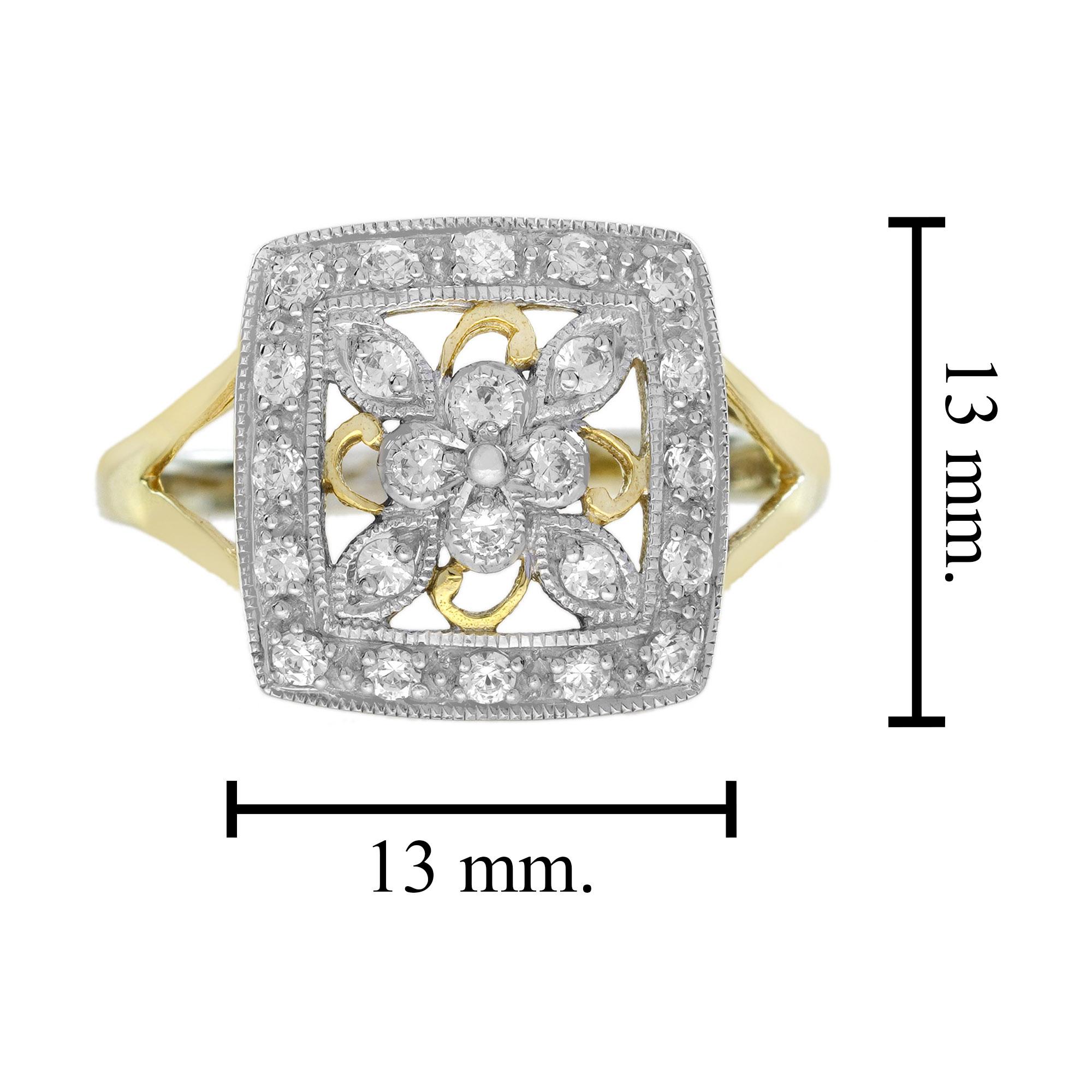 Diamant-Cluster-Ring im Vintage-Stil, quadratisch, 14K, zweifarbiges Gold im Angebot 1
