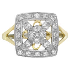 Diamond Vintage Style Floral Cluster Square Ring in 14K Two Tone Gold