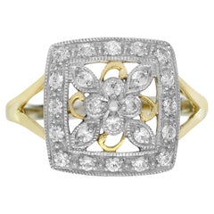 Anillo cuadrado con racimo floral estilo vintage de diamantes en oro de dos tonos de 14 quilates