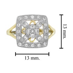 Diamond Vintage Style Floral Cluster Square Ring in Two Tone Gold