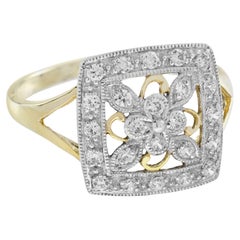 Diamant Vintage Style Floral Cluster Square Ring in zwei Tone Gold