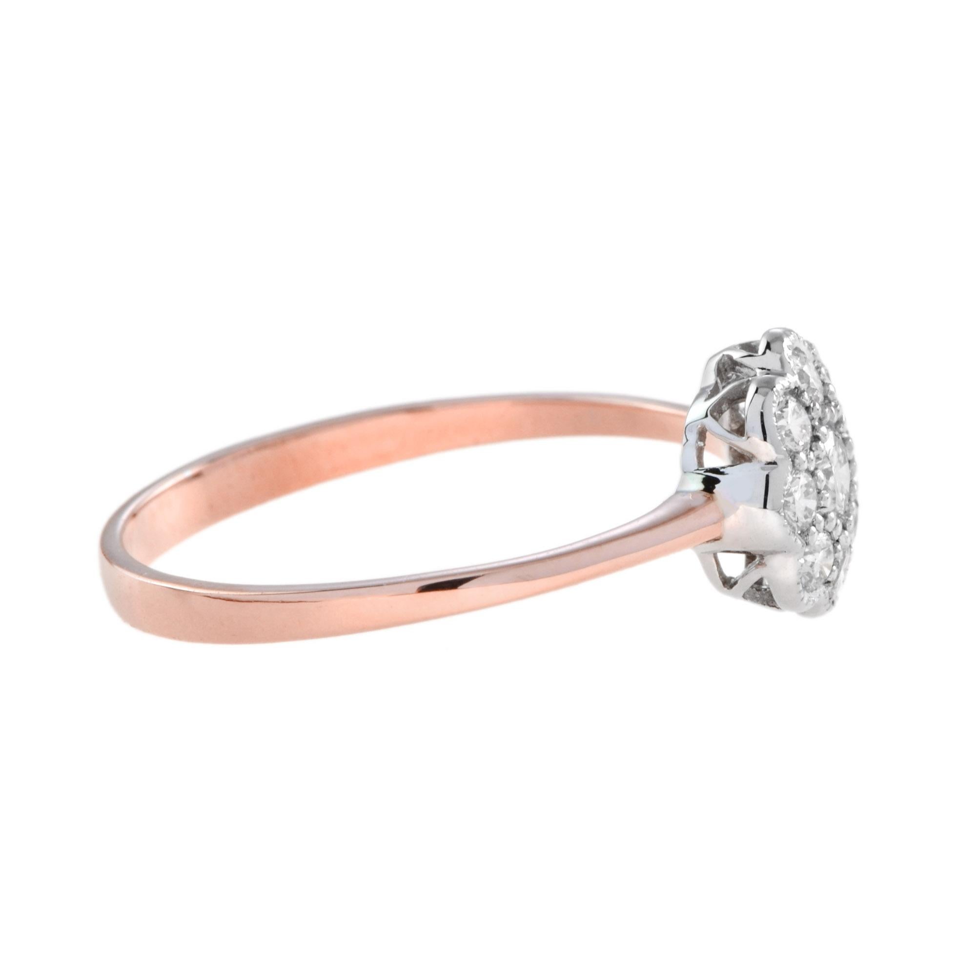 An elegant and gentle cluster ring made from 9K rose gold with flower design, the head assemble a natural diamond in prong setting. Surrounding the head lies eight diamonds to complete the look.
Ring Information
Style: Art Deco
Metal: Rose