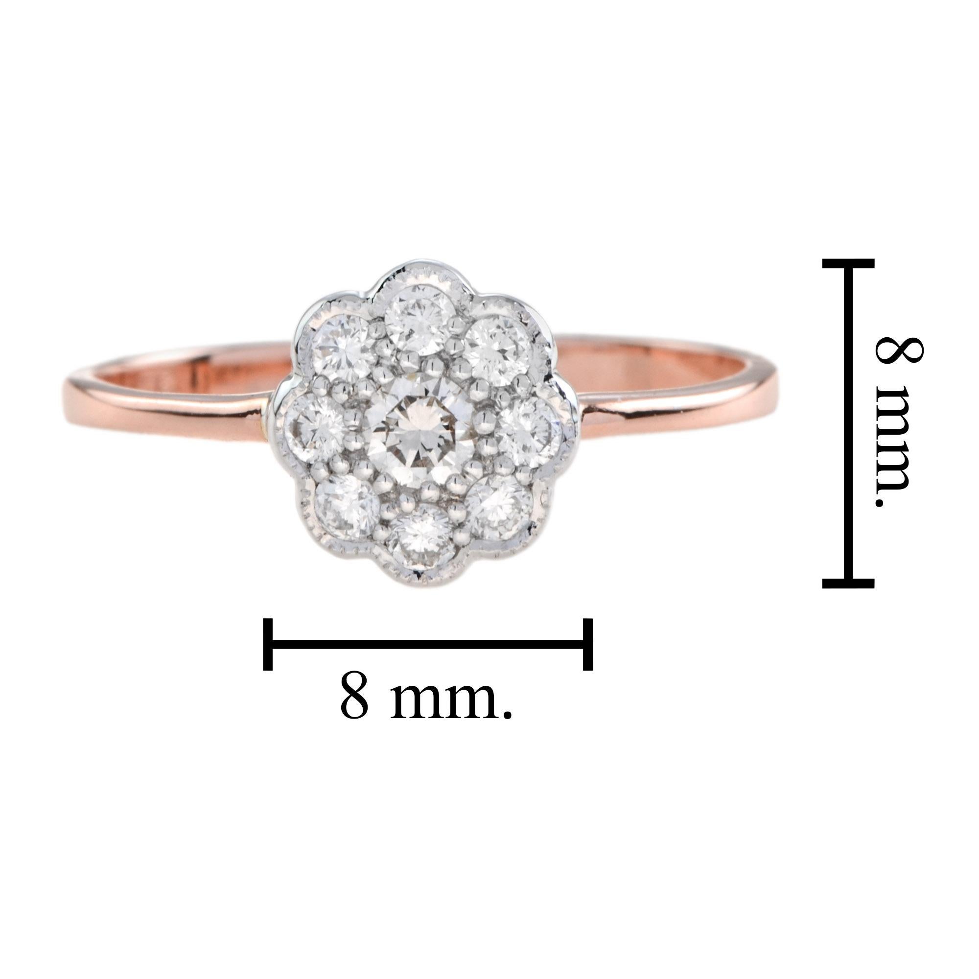 Women's Diamond Vintage Style Floral Flower Cluster 9K Rose Gold Ring For Sale