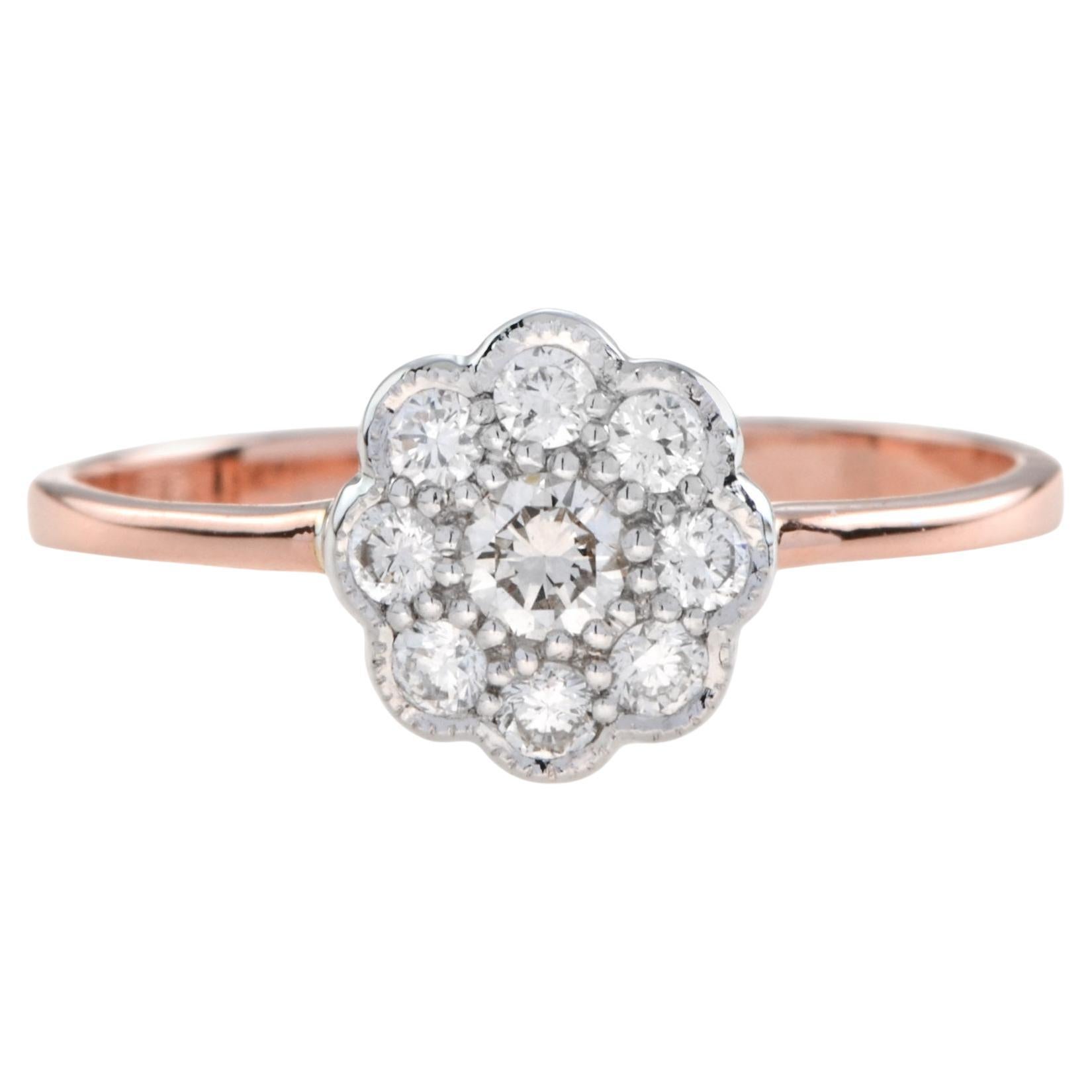 Diamond Vintage Style Floral Flower Cluster 9K Rose Gold Ring For Sale