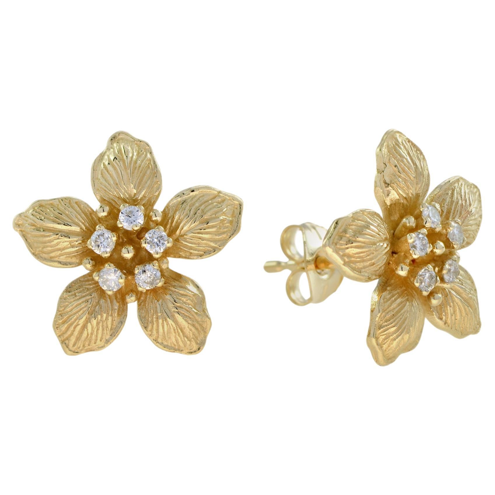 Diamond Vintage Style Floral Stud Earrings in 9k Yellow Gold For Sale