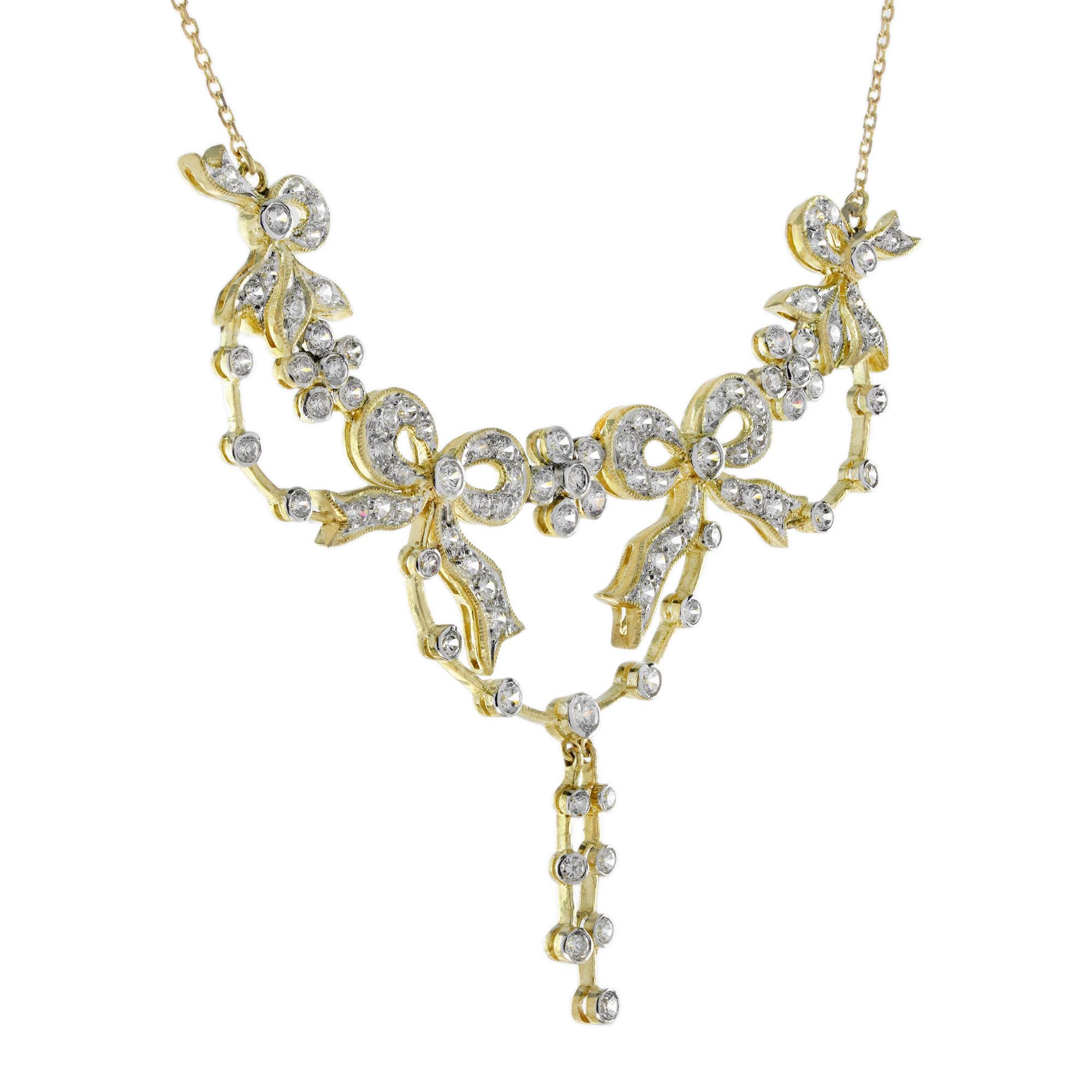 Art Deco Diamond Vintage Style Ribbon Floral Necklace in 18K Yellow Gold For Sale