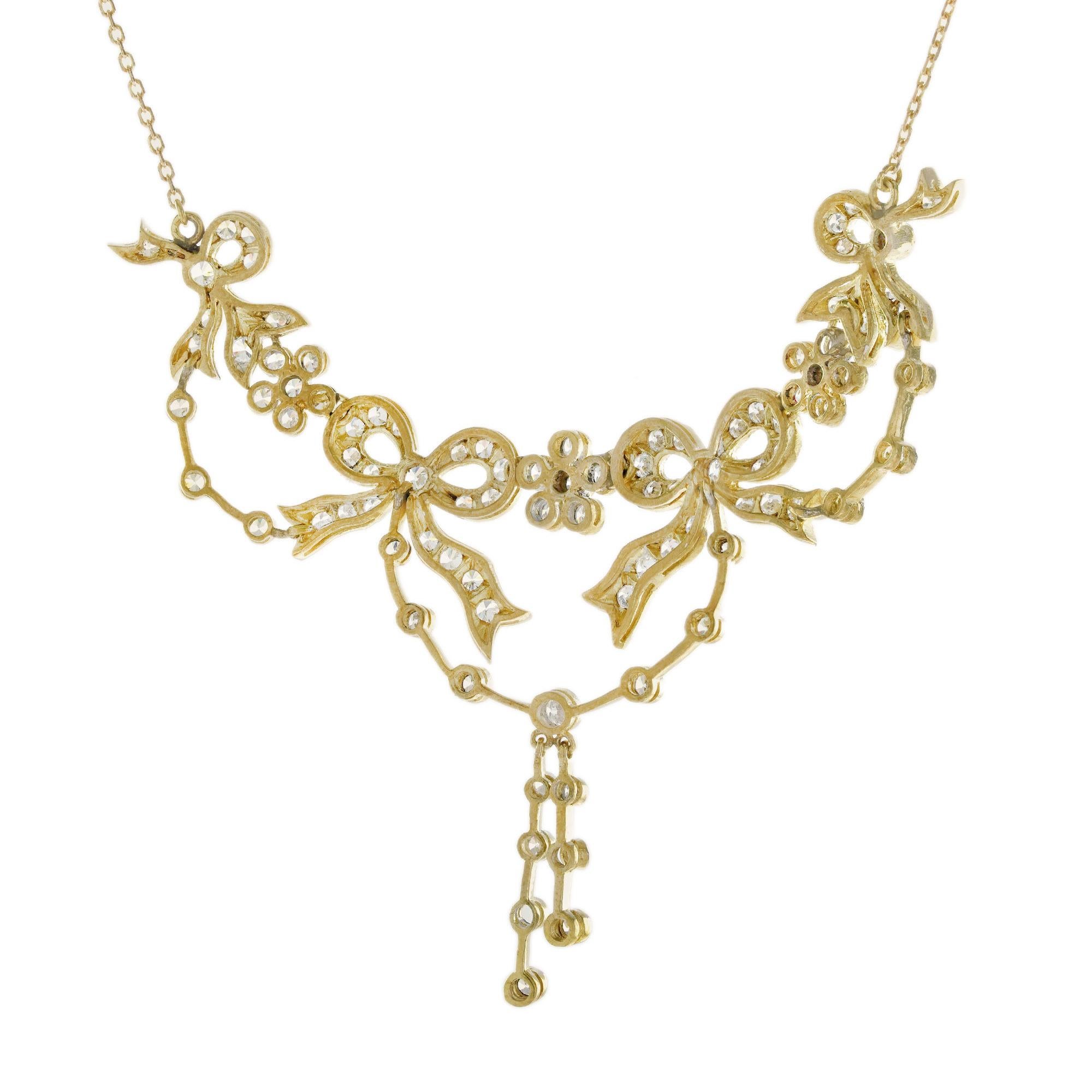 Round Cut Diamond Vintage Style Ribbon Floral Necklace in 18K Yellow Gold For Sale