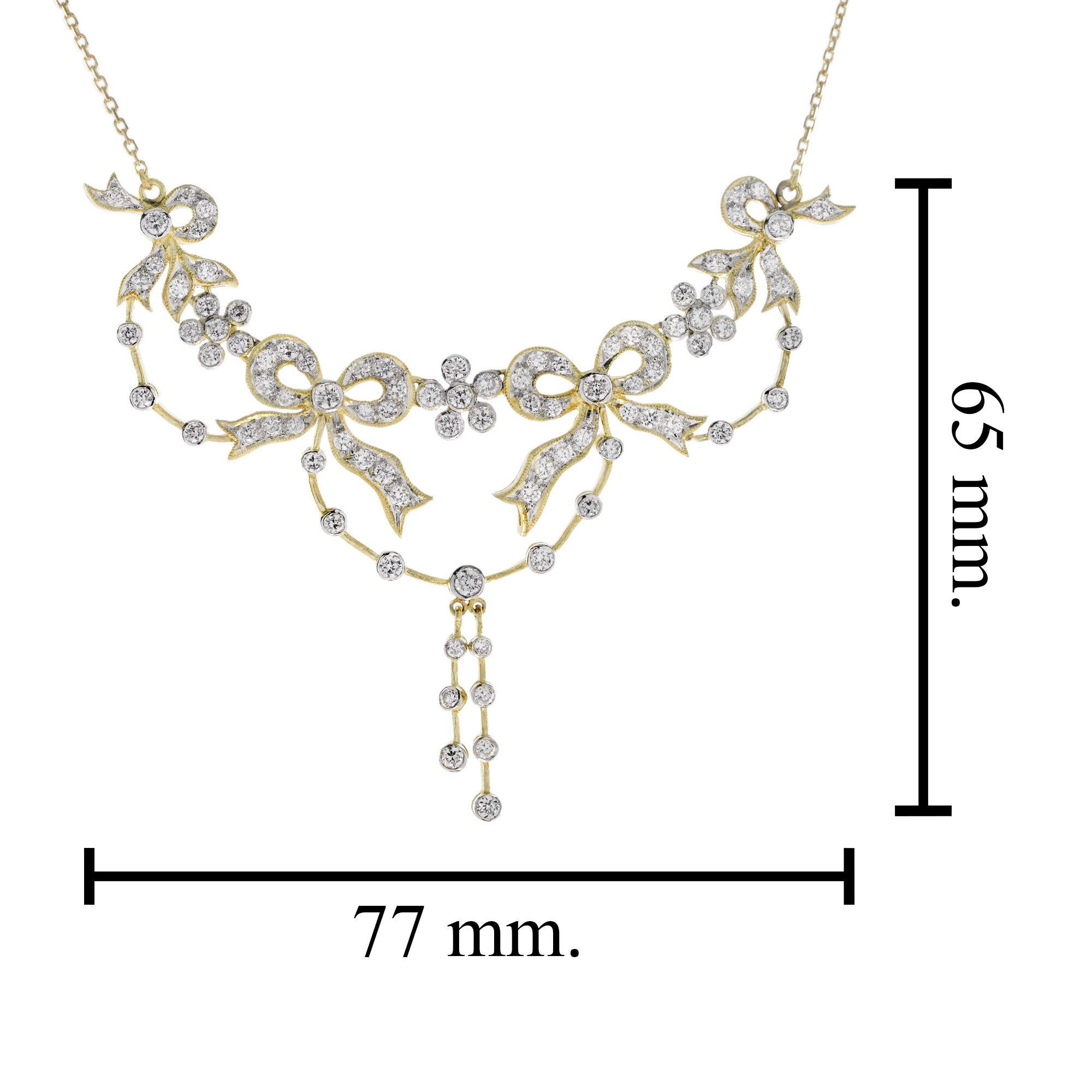 Women's Diamond Vintage Style Ribbon Floral Necklace in 18K Yellow Gold For Sale