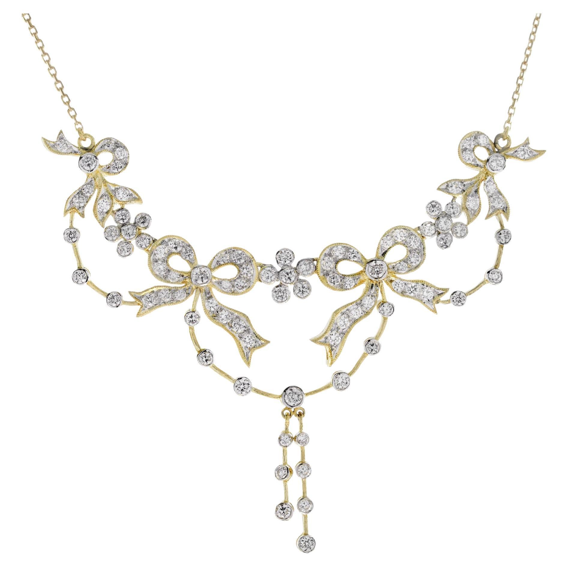 Diamond Vintage Style Ribbon Floral Necklace in 18K Yellow Gold