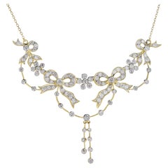 Diamond Vintage Style Ribbon Floral Necklace in 18K Yellow Gold