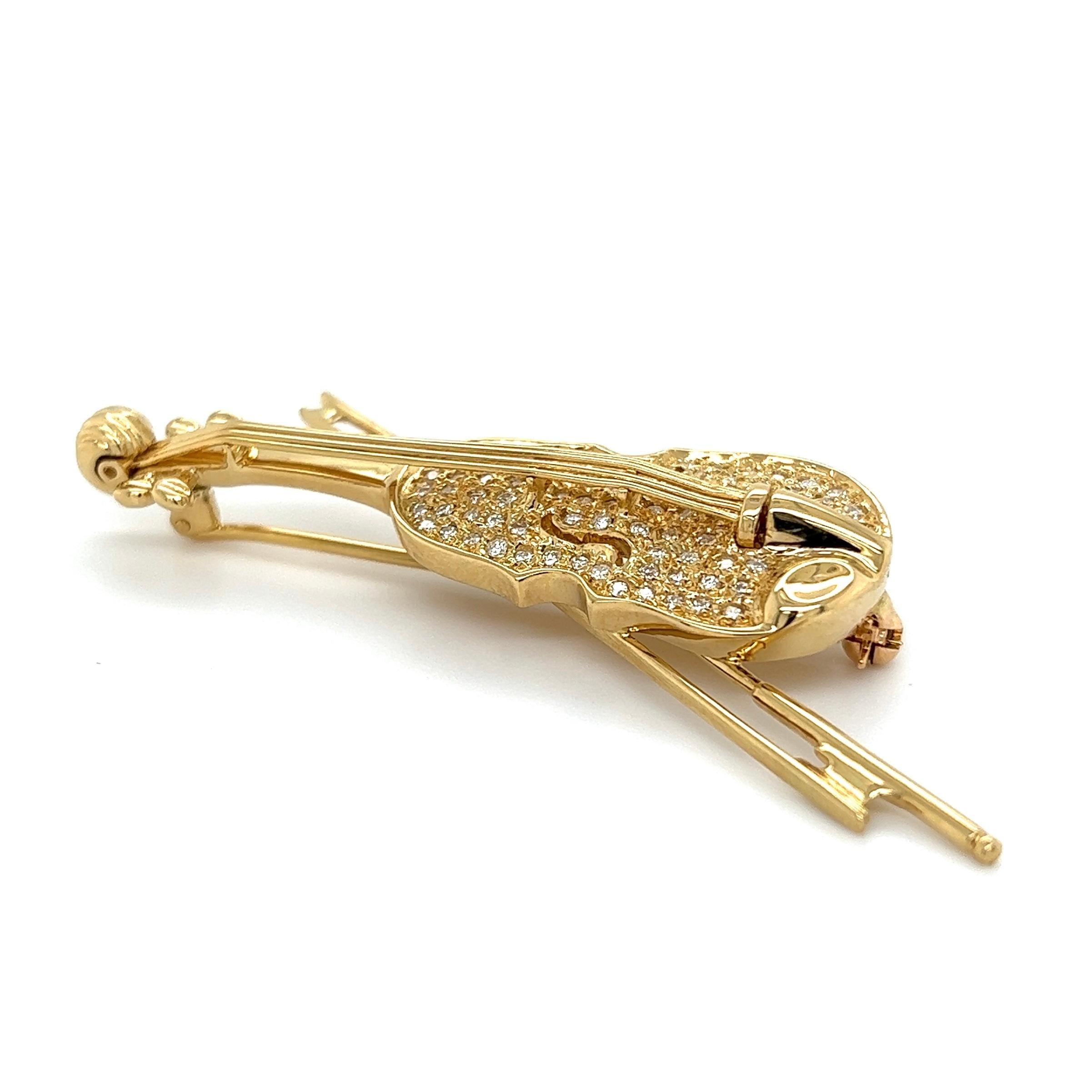 Round Cut Diamond Violin and Bow Gold Vintage Brooch Pin For Sale