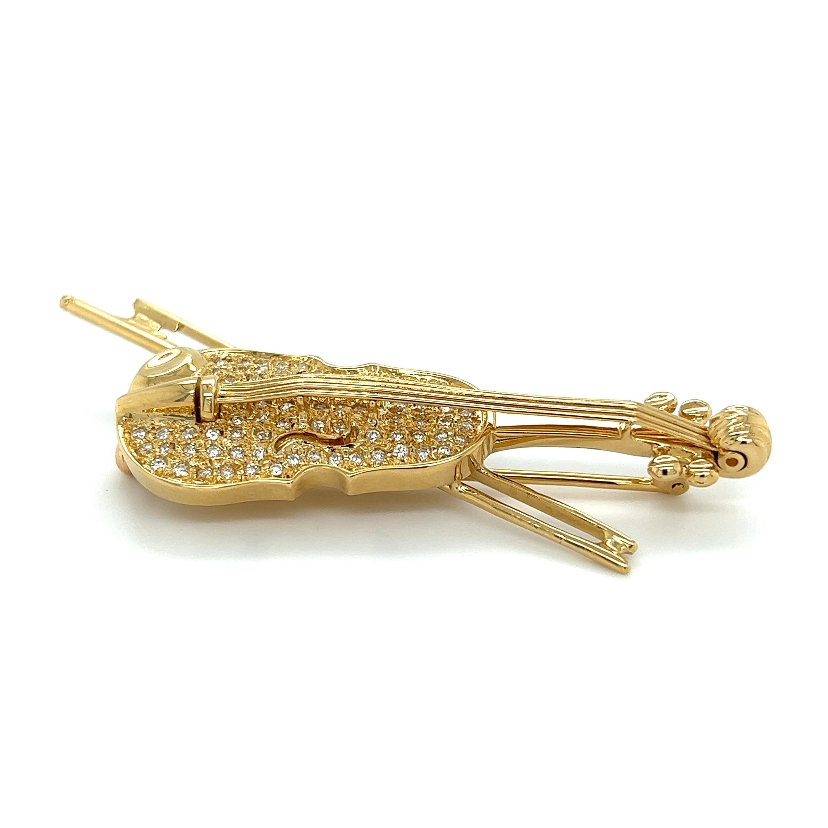 Diamond Violin and Bow Gold Vintage Brooch Pin In Excellent Condition For Sale In Montreal, QC