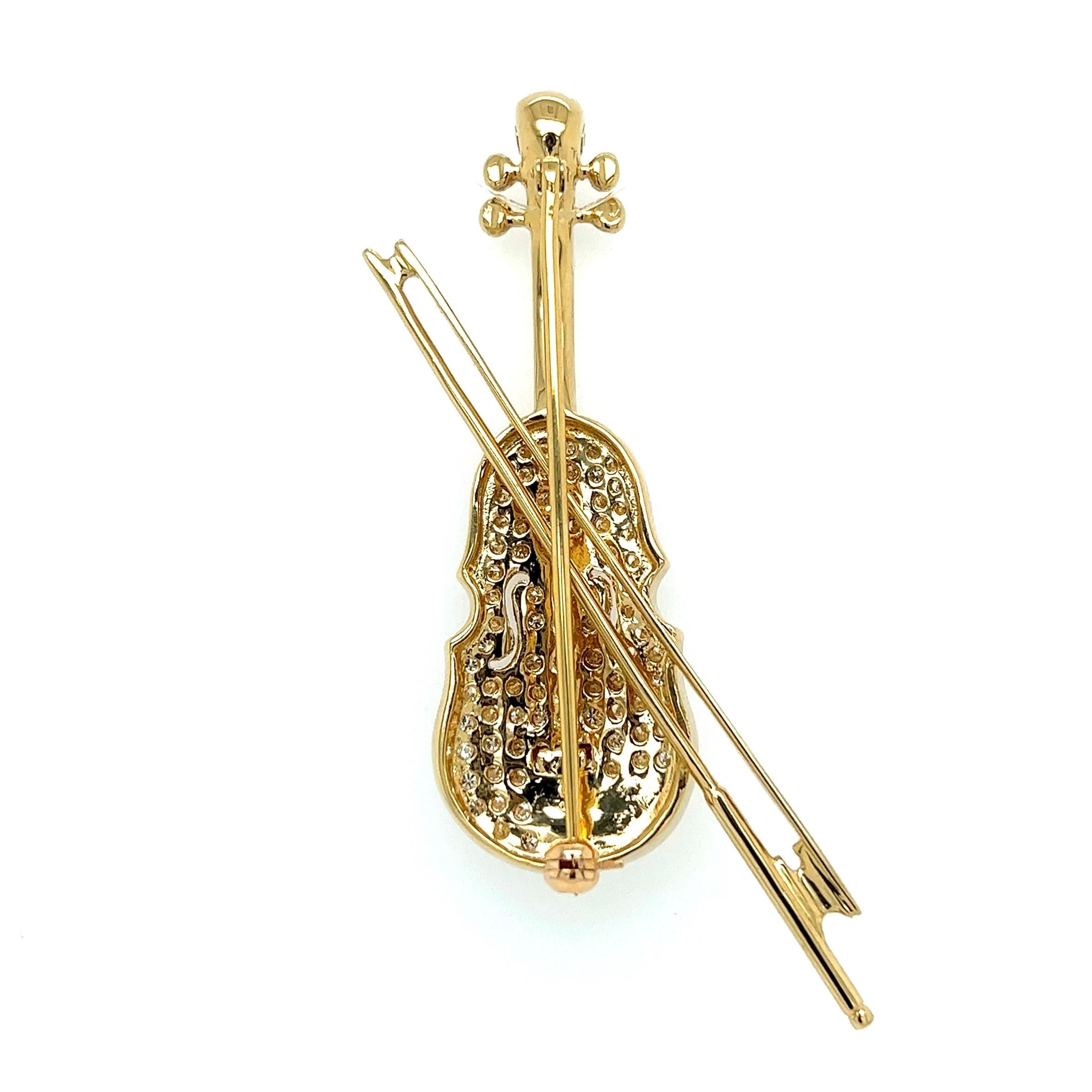 Women's or Men's Diamond Violin and Bow Gold Vintage Brooch Pin For Sale