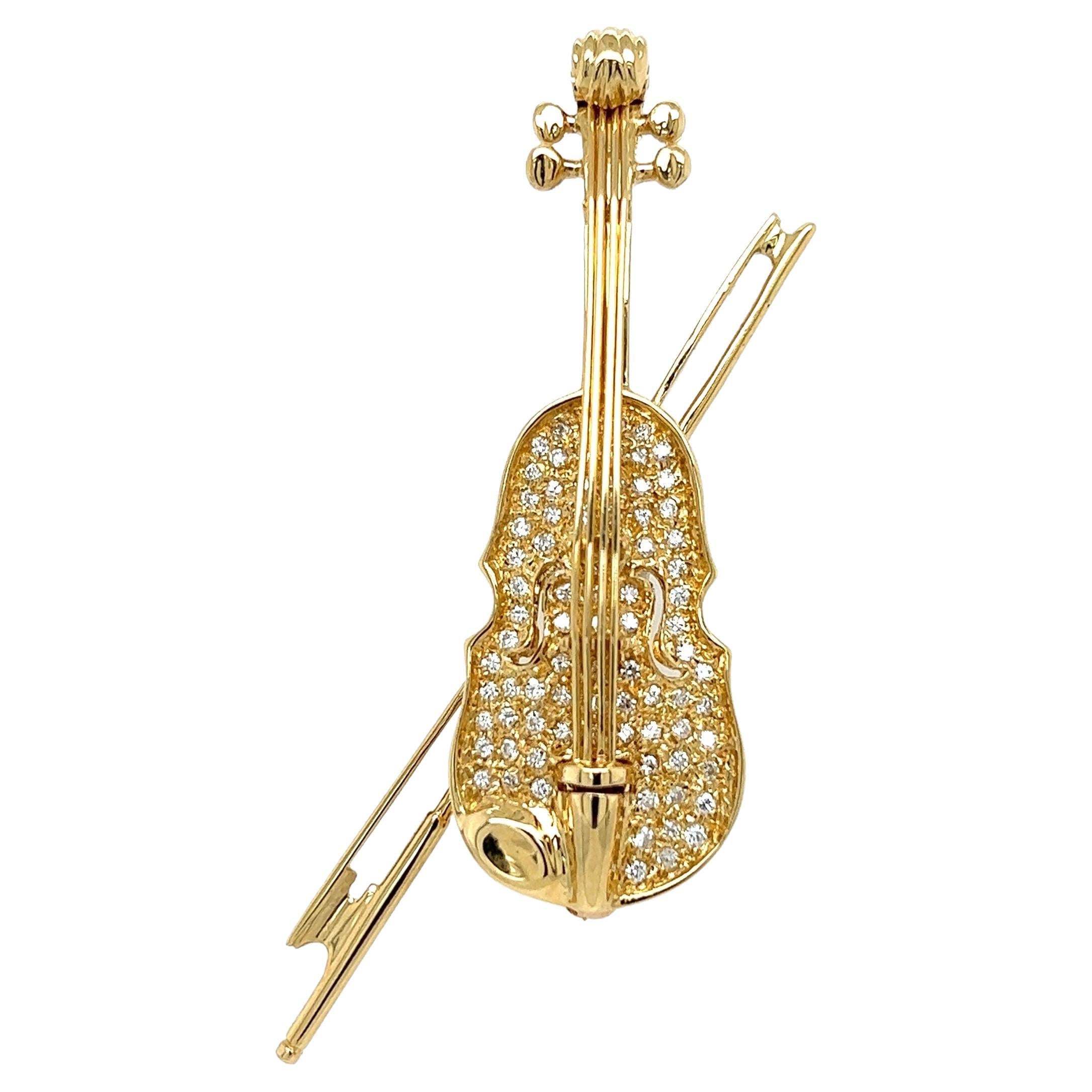 Diamond Violin and Bow Gold Vintage Brooch Pin For Sale