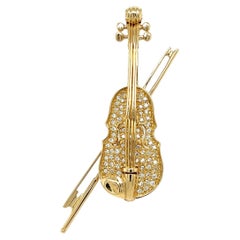 Diamond Violin and Bow Gold Brooch Pin